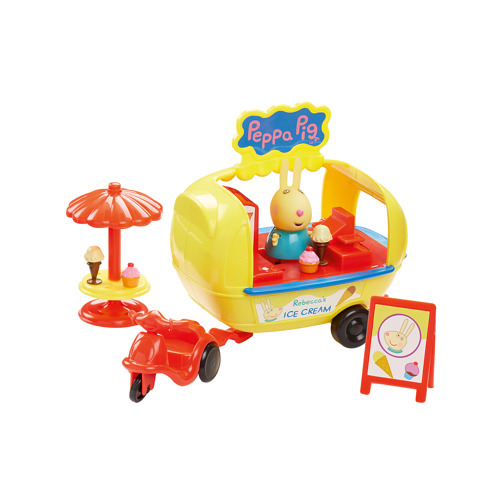Игровой набор Кафе-мороженое Ребекки, Peppa Pig Игровой набор Кафе-мороженое Ребекки, Peppa PigИгрушки<br>Игровой набор Кафе-мороженое Ребекки, Peppa Pig (Свинка Пеппа).<br><br>Характеристика:<br><br>• Материал: пластик. <br>• Размер упаковки: 15х15х24 см. <br>• Размер фургона: 13х10х13 см.<br>• Высота фигурки Ребекки: 5,5 см. <br>• Комплектация: фигурка Ребекки, мопед, кафе-прицеп с мороженым, столик с зонтиком, вывеска, аксессуары. <br>• Голова, руки, ноги фигурки подвижные. <br>• Колеса вращаются. <br><br>Ребекка приглашает друзей полакомиться вкусным мороженым - скорее помоги ей в этом! В этом замечательном наборе есть все, чтобы весело провести время и отведать вкусное лакомство. Собери все наборы Peppa Pig, проигрывай любимые моменты из мультфильмов или придумывай свои забавные истории!<br>Все детали набора изготовлены из высококачественных нетоксичных материалов безопасных для детей.<br><br>Игровой набор Кафе-мороженое Ребекки, Peppa Pig (Свинка Пеппа) можно купить в нашем интернет-магазине.<br><br>Ширина мм: 240<br>Глубина мм: 145<br>Высота мм: 145<br>Вес г: 433<br>Возраст от месяцев: 36<br>Возраст до месяцев: 2147483647<br>Пол: Унисекс<br>Возраст: Детский<br>SKU: 5211672