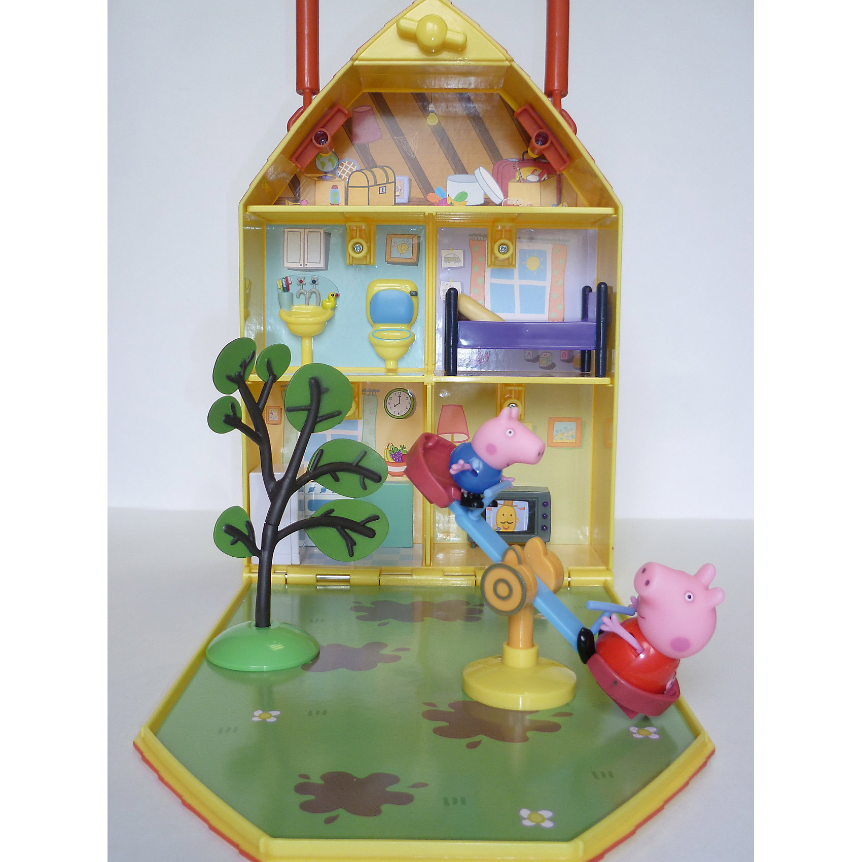 Игровой набор Дом Пеппы с садом, Peppa Pig Игровой набор Дом Пеппы с садом, Peppa PigИгрушки<br>Игровой набор Дом Пеппы с садом, Peppa Pig (Свинка Пеппа). <br><br>Характеристика:<br><br>• Материал: пластик. <br>• Размер упаковки: 22х7х31,5 см.<br>• Размер фигурки Пеппы: 5,5 см.<br>• Размер дома в сложенном виде: 18х6х32 см.<br>• Размер фигурки Джорджа: 4 см.<br>• Размер телевизора: 4,3х1,5х3 см.<br>• Размер холодильника: 3х2,3х4,5 см.<br>• Размер кроватки: 7,6х4,3х4,5 см.<br>• Размер качелей: 12х6х3,7 см.<br>• Высота дерева: 11,5 см.<br>• Комплектация: домик, фигурка Пеппы, фигурка Джорджа, телевизор, холодильник, кровать, качели-качалка, дерево.<br>• Голова и руки фигурок подвижные. <br>• Дом складывается в удобный чемодан с ручкой. <br><br>Это чудесный домик приведет в восторг всех поклонников мультсериала Peppa Pig. В нем есть все для беззаботной и счастливой жизни озорной Свинки Пеппы и ее семьи. В доме есть спальня, гостиная, кухня, ванная комната, уютный дворик, качели и множество полезных и красивых аксессуаров. Конструкция дома представляет собой удобный чемоданчик с откидной стенкой, который можно закрыть, не беспокоясь, что во время переноски аксессуары и любимые игрушки потеряются. <br>Все детали набора выполнены из высококачественного экологичного пластика безопасного для детей. <br><br>Игровой набор Дом Пеппы с садом, Peppa Pig (Свинка Пеппа), можно купить в нашем интернет-магазине.<br><br>Ширина мм: 318<br>Глубина мм: 220<br>Высота мм: 70<br>Вес г: 750<br>Возраст от месяцев: 36<br>Возраст до месяцев: 2147483647<br>Пол: Унисекс<br>Возраст: Детский<br>SKU: 5211679