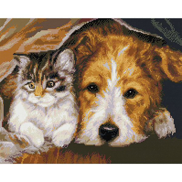 Алмазная мозаика Котенок и пес 40*50 см Алмазная мозаика Котенок и пес 40*50 смПоследняя цена<br>Характеристики:<br><br>• Предназначение: для занятий творчеством в технике алмазной живописи<br>• Тематика: Кошки/собаки<br>• Пол: для девочек<br>• Уровень сложности: средний<br>• Материал: дерево, бумага, акрил, пластик<br>• Цвет: белый, серый, бежевый, коричневый, черный и др.<br>• Количество цветов: 26<br>• Комплектация: холст на подрамнике, стразы, пинцет, карандаш для камней, клей, лоток для камней, инструкция<br>• Размеры (Ш*Д): 40*50 см<br>• Тип выкладки камней: сплошное заполнение рисунка<br>• Стразы квадратной формы <br>• Вес: 900 г <br>• Упаковка: картонная коробка<br><br>Алмазная мозаика Котенок и пес 40*50 см – это набор для создания картины в технике алмазной живописи. Набор для творчества включает в себя холст, на который нанесена схема рисунка, комплекта разноцветных страз квадратной формы, подрамника и инструментов для выкладки узора. Все использованные в наборе материалы экологичные и нетоксичные. Картина выполняется в технике сплошного заполнения декоративными элементами поверхности холста, что обеспечивает высокую реалистичность рисунка. На схеме изображены собака с котенком. <br>Готовые наборы для алмазной мозаики – это оптимальный вариант для любителей рукоделия, так как в них предусмотрены все материалы в требуемом для изготовления картины количестве. Занятия алмазной живописью позволят развивать навыки чтения схем, выполнения заданий по образцу, будут способствовать внимательности, терпению и развитию мелкой моторики. <br>Наборы алмазной мозаики могут быть преподнесены в качестве подарка не только девочкам, но и взрослым любительницам рукоделия.<br><br>Алмазную мозаику Котенок и пес 40*50 см можно купить в нашем интернет-магазине.<br><br>Ширина мм: 420<br>Глубина мм: 520<br>Высота мм: 50<br>Вес г: 900<br>Возраст от месяцев: 96<br>Возраст до месяцев: 2147483647<br>Пол: Женский<br>Возраст: Детский<br>SKU: 5217151