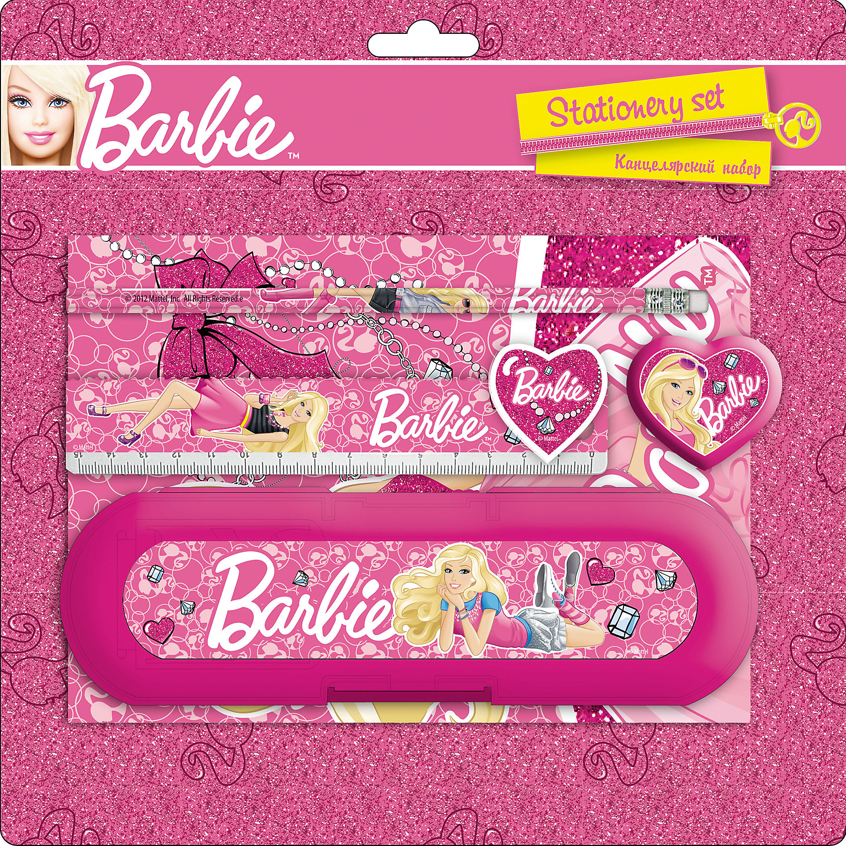 Набор канцелярский (6 предметов), Barbie Набор канцелярский (6 предметов), BarbieBarbie<br>Набор канцелярский (6 предметов), Barbie (Барби).<br><br>Характеристики:<br><br>- Размер: 25х25х3 см<br>- В наборе: ластик фигурный, записная книжка, пенал пластиковый, линейка прозрачная (15см), точилка большая круглая, простой карандаш.<br><br>Набор канцелярский (6 предметов), Barbie (Барби) - незаменимая вещь для занятий творчеством. Все предметы выполнены из безопасных качественных материалов. Изображение любимой красавицы Барби сделают творческие занятия еще более прятными.<br><br>Набор канцелярский (6 предметов), Barbie (Барби), можно купить в нашем интернет- магазине.<br><br>Ширина мм: 250<br>Глубина мм: 250<br>Высота мм: 30<br>Вес г: 200<br>Возраст от месяцев: 96<br>Возраст до месяцев: 108<br>Пол: Женский<br>Возраст: Детский<br>SKU: 5218413