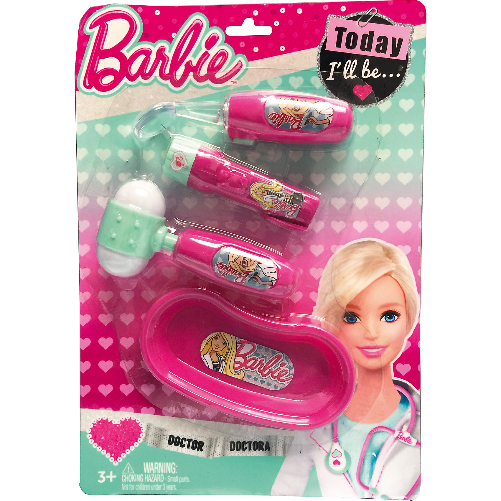 Игровой набор юного доктора на блистере, Barbie Игровой набор юного доктора на блистере, BarbieСюжетно-ролевые игры<br>Игровой набор юного доктора на блистере, Barbie (Барби).<br><br>Характеристики:<br><br>• Материал: пластик. <br>• Размер упаковки: 30х21х1,5 см.<br>• Комплектация: электронный стоматоскоп – инструмент с зеркальцем для обследования рта;<br>неврологический молоточек; фонарик; лоток для разных мелочей.<br>• Звуковые и световые эффекты. <br>• Отличная детализация. <br>• Элемент питания: для фонарика - 1 АА (не входит в комплект); для стоматоскопа 2хAG10 (входят в комплект).<br>• Яркий привлекательный дизайн.<br><br>С этим ярким набором врача ваша девочка почувствует себя самым настоящим доктором. Все аксессуары отлично детализированы и хорошо проработаны, очень похожи на медицинские инструменты. Игрушки изготовлены из экологичного пластика, в производстве которого использованы только безопасные нетоксичные красители.<br><br>Игровой набор юного доктора на блистере, Barbie (Барби), можно купить в нашем интернет-магазине.<br><br>Ширина мм: 210<br>Глубина мм: 300<br>Высота мм: 400<br>Вес г: 146<br>Возраст от месяцев: 36<br>Возраст до месяцев: 2147483647<br>Пол: Женский<br>Возраст: Детский<br>SKU: 5238932