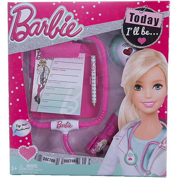 Игровой набор юного доктора компактный, Barbie Игровой набор юного доктора компактный, BarbieНаборы доктора и ветеринара<br>Характеристики игрового набора юного доктора:<br><br>• оформление набора в стиле Барби;<br>• звуковые и световые эффекты;<br>• батарейки: для стетоскопа идут в комплекте, для фонарика приобретаются отдельно (1 шт. типа АА);<br>• материал: пластик;<br>• размер упаковки: 25,5х4х28 см;<br>• вес: 245 г.<br><br>Игра в доктора является неотъемлемой частью детского досуга. Девочки вооружаются игрушечными шприцами, градусниками и стетоскопами и «лечат» всех своих пациентов. Детали игрового набора Barbie изготовлены из нетоксичного пластика. Набор оформлен в стиле куклы Барби. <br><br>Комплектация игрового набора:<br><br>• электронный стетоскоп;<br>• фонарик;<br>• блокнот для записей;<br>• карандаш;<br>• батарейки: 2xAG13/LR44 (миниатюрные);<br>• картонная упаковка с прозрачным окошком;<br>• инструкция.<br><br>Игровой набор юного доктора компактный, Barbie можно купить в нашем магазине.<br><br>Ширина мм: 260<br>Глубина мм: 280<br>Высота мм: 400<br>Вес г: 332<br>Возраст от месяцев: 36<br>Возраст до месяцев: 2147483647<br>Пол: Женский<br>Возраст: Детский<br>SKU: 5238934