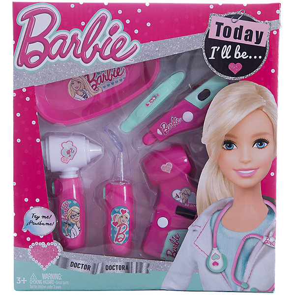 Игровой набор юного доктора компактный, Barbie Игровой набор юного доктора компактный, BarbieНаборы доктора и ветеринара<br>Характеристики игрового набора юного доктора:<br><br>• оформление набора в стиле Барби;<br>• звуковые эффекты;<br>• батарейки в комплекте;<br>• материал: пластик;<br>• размер упаковки: 25,5х4х28 см.<br><br>Игра в доктора является неотъемлемой частью детского досуга. Девочки вооружаются игрушечными шприцами, градусниками и стетоскопами и «лечат» всех своих пациентов. Детали игрового набора Barbie изготовлены из нетоксичного гипоаллергенного пластика. Набор оформлен в стиле куклы Барби. <br><br>Комплектация игрового набора:<br><br>• электронный отоскоп;<br>• электронный пейджер;<br>• неврологический молоточек;<br>• шприц;<br>• ножницы;<br>• батарейки: 2xAG13/LR44 (миниатюрные) + 2хAG10;<br>• картонная упаковка с прозрачным окошком;<br>• инструкция.<br><br>Игровой набор юного доктора компактный, Barbie можно купить в нашем магазине.<br><br>Ширина мм: 260<br>Глубина мм: 280<br>Высота мм: 400<br>Вес г: 351<br>Возраст от месяцев: 36<br>Возраст до месяцев: 2147483647<br>Пол: Женский<br>Возраст: Детский<br>SKU: 5238935
