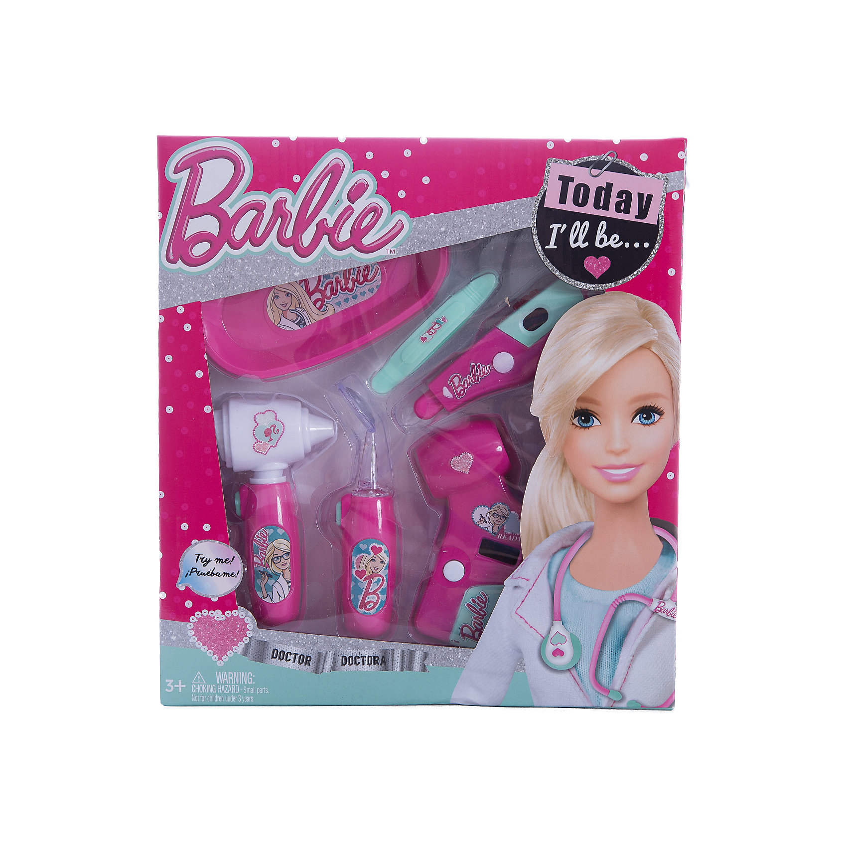 Игровой набор юного доктора компактный, Barbie Игровой набор юного доктора компактный, BarbieСюжетно-ролевые игры<br>Характеристики игрового набора юного доктора:<br><br>• оформление набора в стиле Барби;<br>• звуковые эффекты;<br>• батарейки в комплекте;<br>• материал: пластик;<br>• размер упаковки: 25,5х4х28 см.<br><br>Игра в доктора является неотъемлемой частью детского досуга. Девочки вооружаются игрушечными шприцами, градусниками и стетоскопами и «лечат» всех своих пациентов. Детали игрового набора Barbie изготовлены из нетоксичного гипоаллергенного пластика. Набор оформлен в стиле куклы Барби. <br><br>Комплектация игрового набора:<br><br>• электронный отоскоп;<br>• электронный пейджер;<br>• неврологический молоточек;<br>• шприц;<br>• ножницы;<br>• батарейки: 2xAG13/LR44 (миниатюрные) + 2хAG10;<br>• картонная упаковка с прозрачным окошком;<br>• инструкция.<br><br>Игровой набор юного доктора компактный, Barbie можно купить в нашем магазине.<br><br>Ширина мм: 260<br>Глубина мм: 280<br>Высота мм: 400<br>Вес г: 351<br>Возраст от месяцев: 36<br>Возраст до месяцев: 2147483647<br>Пол: Женский<br>Возраст: Детский<br>SKU: 5238935