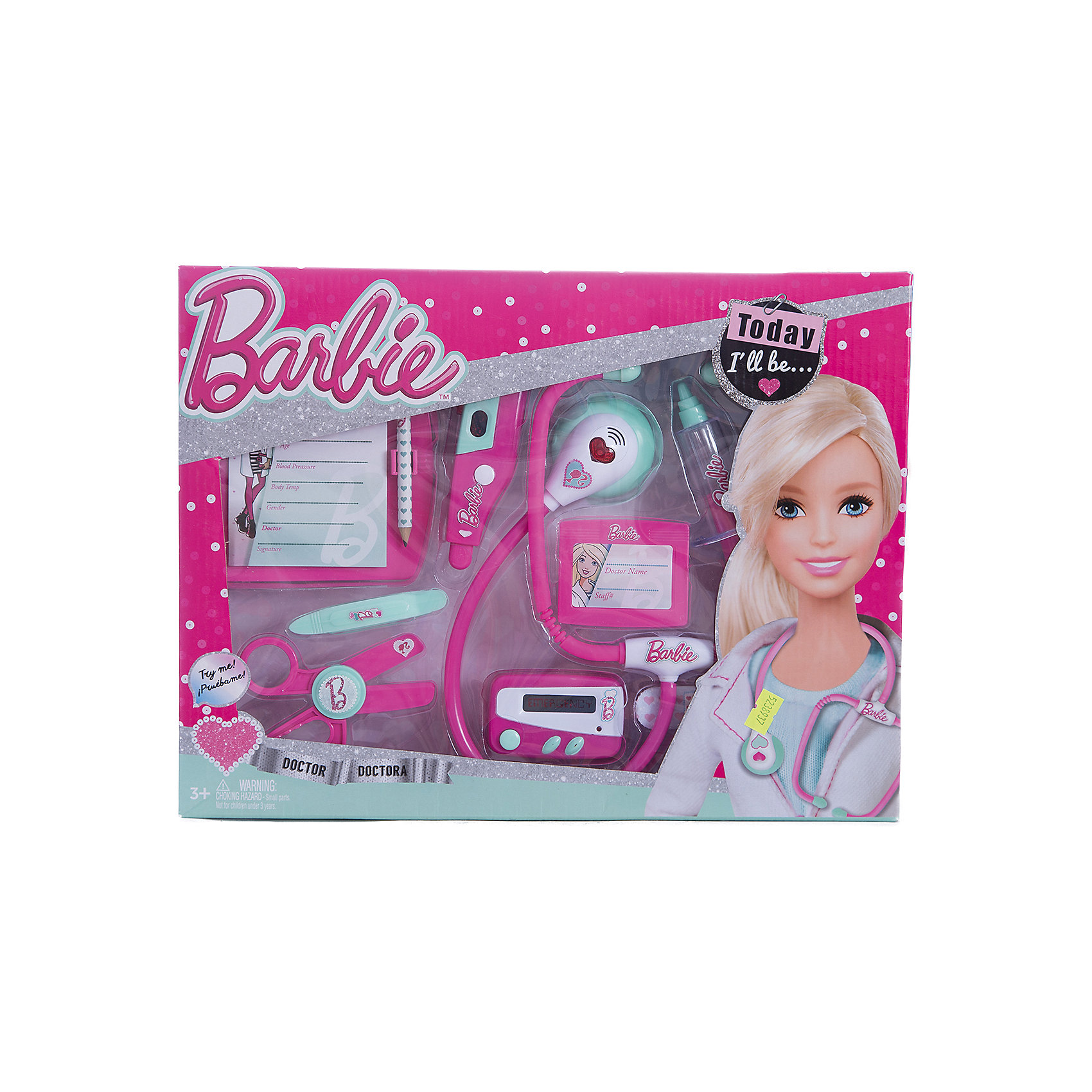 Игровой набор юного доктора средний, Barbie Игровой набор юного доктора средний, BarbieСюжетно-ролевые игры<br>Игровой набор юного доктора на блистере, Barbie (Барби).<br><br>Характеристика:<br><br>• Материал: пластик. <br>• Размер упаковки: 37х6х 28 см.<br>• Комплектация: стетоскоп; электронный градусник для измерения температуры; пейджер; шприц; ножницы;<br>планшет для записей с карандашом; бейдж; пластырь;<br>пинцет. <br>• Звуковые и световые эффекты. <br>• Отличная детализация. <br>• Элемент питания: для стетоскопа - 2 батарейки типа AG13 (входят в комплект); электронный градусник - 2 батарейки типа AG10 (входят в комплект); для пейджера - 2 батарейки типа AG13 (входят в комплект).<br>• Яркий привлекательный дизайн. <br><br>С этим ярким набором врача ваша девочка почувствует себя самым настоящим доктором. Все аксессуары отлично детализированы и хорошо проработаны, очень похожи на медицинские инструменты. Игрушки изготовлены из экологичного пластика, в производстве которого использованы только безопасные нетоксичные красители.<br><br>Игровой набор юного доктора на блистере, Barbie (Барби), можно купить в нашем интернет-магазине.<br><br>Ширина мм: 370<br>Глубина мм: 280<br>Высота мм: 600<br>Вес г: 565<br>Возраст от месяцев: 36<br>Возраст до месяцев: 2147483647<br>Пол: Женский<br>Возраст: Детский<br>SKU: 5238937