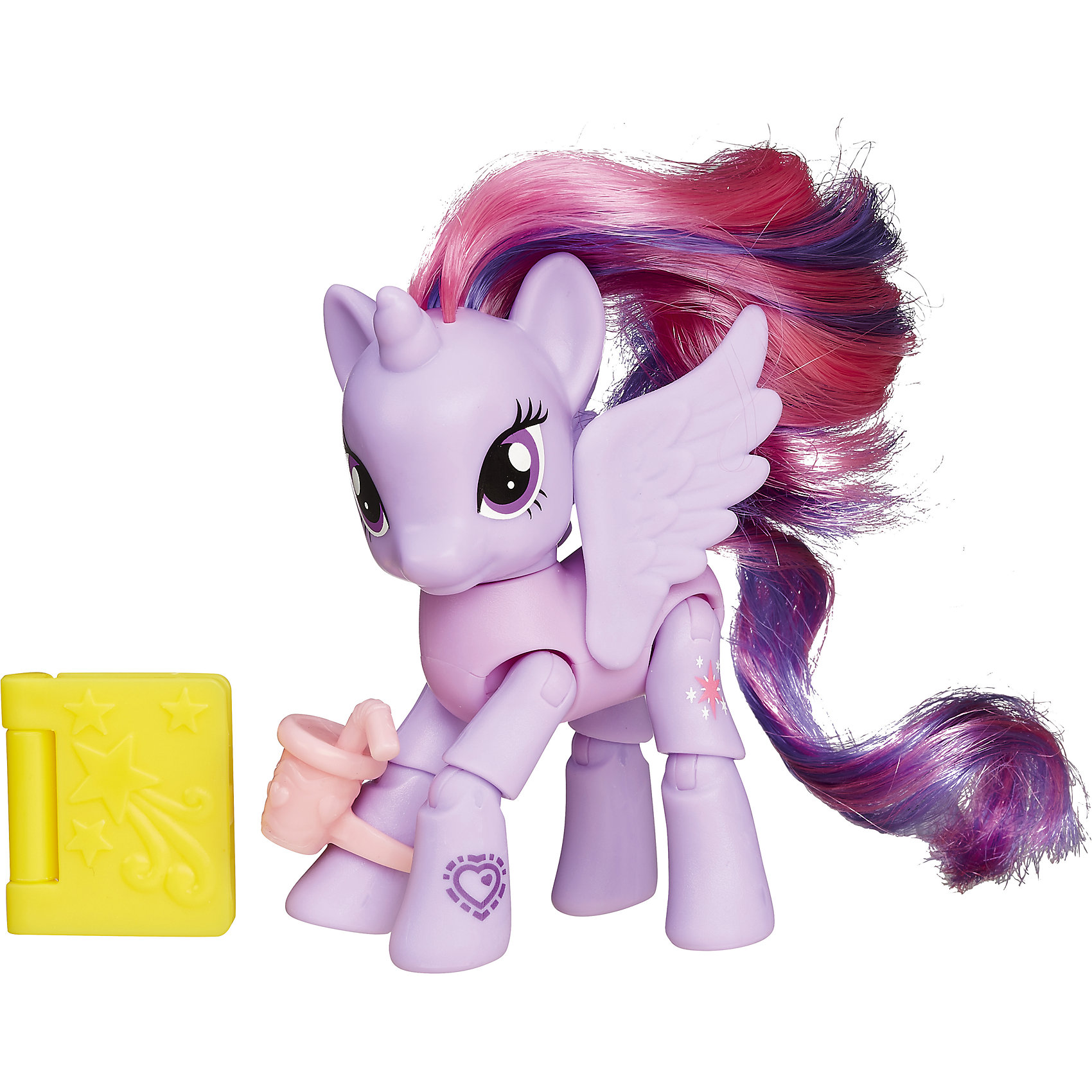 Пони с артикуляцией Твайлайт Спаркл, My little Pony Пони с артикуляцией Твайлайт Спаркл, My little PonyИгрушки<br>Твайтл Спаркл самая любознательная из героинь мультфильма о маленьких пони, ведь она никогда не расстаётся с книжкой и является руководительницей библиотеки. Эта фигурка в точности повторяет персонаж и к тому же сделает игру с ней намного реалистичней, так как лапки лошадки сгибаются и имитируют ходьбу.<br>Особенности:<br>- Очаровательная лошадка напомнит юным поклонницам мультфильма «Моя маленькая пони» персонажа по имени Принцесса Твайлайт Спаркл.<br>- От миловидной мордашки героини с большими глазками сложно оторвать взгляд, а ее роскошные розовые гриву и хвост можно при желании расчесать.<br>- Спаркл очень умная и начитанная, поэтому она никогда не расстаётся с книжкой, а также любит пить вкусные коктейли из миниатюрного стаканчика с трубочкой из комплекта. <br>- На корпусе пони можно заметить QR-код в виде сердечка, который при считывании через тематическое электронное приложение, окунет детей в мир игр, посвящённых мультфильму.<br>- Позы и движения лошадки будут выглядеть очень реалистично благодаря ее сгибающимся лапкам.<br>- Дети смогут сами придумать перипетии сюжетной игры по мотивам мультфильма с участием игрушки и разовьют фантазию, придумывая диалоги для героев.<br>- Лошадка выполнена из прочного пластика высокого качества, а ее части тела надёжно соединены друг с другом.<br>Характеристики:<br>Возраст: от 3 лет.<br>Размер упаковки: 18 х 5 х 18 см.<br>В комплекте: пони, аксессуары.<br>Вес: 0,1 кг.<br><br>Ширина мм: 181<br>Глубина мм: 159<br>Высота мм: 55<br>Вес г: 111<br>Возраст от месяцев: 48<br>Возраст до месяцев: 120<br>Пол: Женский<br>Возраст: Детский<br>SKU: 5246351