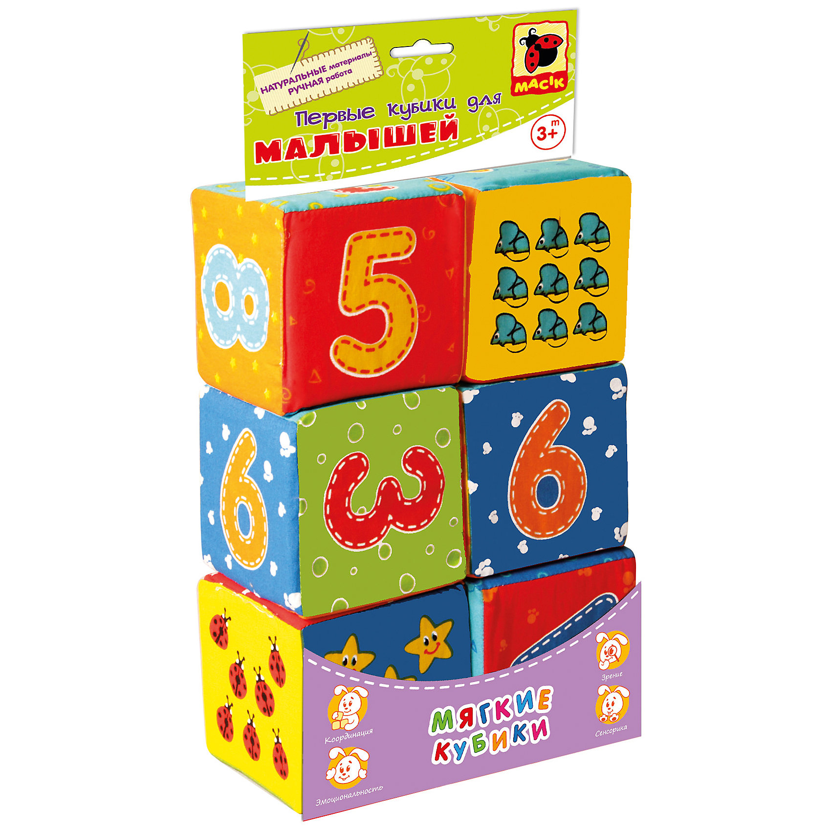 Набор мягких кубиков Цифры, Малышок, Vladi Toys Набор мягких кубиков Цифры, Малышок, Vladi ToysМягкие игрушки<br>Набор мягких кубиков Цифры, Малышок, Vladi Toys<br><br>Характеристики:<br><br>• Материал: текстиль<br>• Количество кубиков: 6 штук<br>• Размер кубика: 8х8х8 см<br><br>Кубики сделаны из натурального материала. Они мягкие и полностью безопасные для маленьких детей. Каждый кубик содержит в себе цифры, знаки, и картинку, выражающую число. Цифры от 1 до 9 повторяются по два раза. Ребенок сможет использовать кубики чтобы научиться решать примеры с помощью игры.<br><br>Набор мягких кубиков Цифры, Малышок, Vladi Toys можно купить в нашем интернет-магазине.<br><br>Ширина мм: 330<br>Глубина мм: 85<br>Высота мм: 165<br>Вес г: 110<br>Возраст от месяцев: 12<br>Возраст до месяцев: 36<br>Пол: Унисекс<br>Возраст: Детский<br>SKU: 5253053