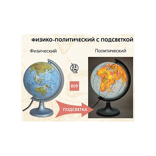 Глобус физический/политический 25см (с подсветкой) Глобус физический/политический 25см (с подсветкой)Глобусы<br><br><br>Ширина мм: 255<br>Глубина мм: 255<br>Высота мм: 260<br>Вес г: 1005<br>Возраст от месяцев: 36<br>Возраст до месяцев: 540<br>Пол: Унисекс<br>Возраст: Детский<br>SKU: 5253057