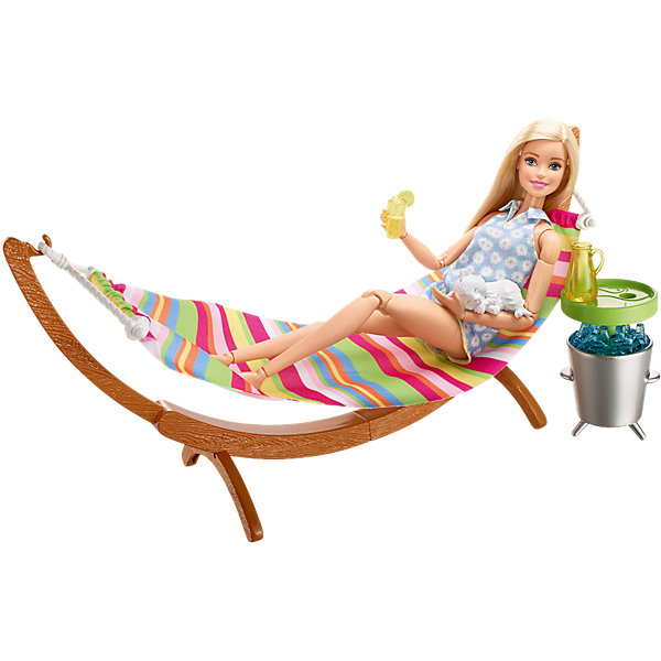 Набор мебели Гамак и стол из серии Отдых на природе, Barbie Набор мебели Гамак и стол из серии Отдых на природе, BarbieМебель для кукол<br>Характеристики товара:<br><br>• комплектация: гамак, стол с посудой, питомец<br>• материал: пластик, текстиль<br>• серия: Barbie™ Отдых на природе<br>• кукла продается отдельно<br>• упаковка: блистер<br>• возраст: от трех лет<br>• страна производства: Китай<br>• страна бренда: США<br><br>Этот симпатичный набор мебели поможет разнообразить игры с любимой куклой! В него входят вещи для организации кукле комфортного отдыха на природе в компании с любимым питомцем. Этот комплект мебели станет великолепным подарком для девочек!<br><br>Куклы - это не только весело, они помогают девочкам развить вкус и чувство стиля, отработать сценарии поведения в обществе, развить воображение и мелкую моторику. Кукла Barbie от бренда Mattel не перестает быть популярной! <br><br>Набор мебели Гамак и стол из серии Отдых на природе от компании Mattel можно купить в нашем интернет-магазине.<br><br>Ширина мм: 270<br>Глубина мм: 192<br>Высота мм: 88<br>Вес г: 209<br>Возраст от месяцев: 36<br>Возраст до месяцев: 72<br>Пол: Женский<br>Возраст: Детский<br>SKU: 5257112