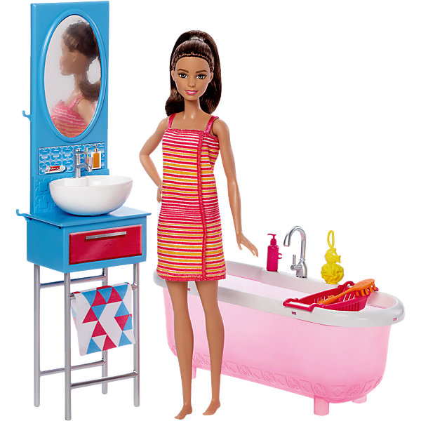 Набор мебели с куклой Ванная комната, Barbie Набор мебели с куклой Ванная комната, BarbieBarbie<br>Характеристики товара:<br><br>• возраст: от 3 лет;<br>• материал: пластик;<br>• в комплекте: кукла, аксессуары;<br>• высота куклы: 30 см;<br>• размер упаковки: 33х29х9 см;<br>• вес упаковки: 500 гр.;<br>• страна производитель: Китай.<br><br>Набор мебели с куклой «Ванная комната» Barbie станет отличным подарком для девочки и дополнит ее коллекцию любимых куколок Барби. В наборе представлена мебель для ванной: ванная, шкафчик с большим зеркалом, где кукла может делать себе макияж и прически. У куклы подвижные руки и ноги, мягкие длинные волосы, которые можно расчесывать и завязывать.<br><br>Набор мебели с куклой «Ванная комната» Barbie можно приобрести в нашем интернет-магазине.<br><br>Ширина мм: 328<br>Глубина мм: 284<br>Высота мм: 93<br>Вес г: 581<br>Возраст от месяцев: 36<br>Возраст до месяцев: 72<br>Пол: Женский<br>Возраст: Детский<br>SKU: 5257117