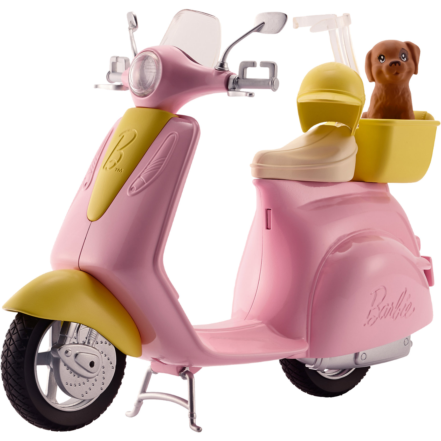 Мопед, Barbie Мопед, BarbieКоляски и транспорт для кукол<br>Мопед, Barbie (Барби)<br><br>Характеристики:<br><br>• ножка опора поднимается перед увлекательной поездкой<br>• специальная застежка удерживает куклу на сидении<br>• кукла в комплект не входит<br>• в комплекте: мопед, шлем, щенок<br>• материал: пластик<br>• длина велосипеда: 29 см<br>• размер упаковки: 32х25х10 см<br>• вес: 475 грамм<br><br>Наверняка ваша кукла Барби очень любит путешествовать. Совершите увлекательную поездку на мопеде в компании милого щеночка. Специально для него предусмотрена уютная корзина, в которой он сможет даже поспать. Мопед выполнен в розовом стиле с желтыми вставками. Специальная застежка надежно зафиксирует куклу на сидении, не позволяя ей упасть во время поездки. На случай падения также предусмотрен шлем, защищающий голову от травм. Поднимите ножку-опору и Барби быстро помчится навстречу новым приключениям!<br><br>Мопед, Barbie (Барби) можно купить в нашем интернет-магазине.<br><br>Ширина мм: 322<br>Глубина мм: 251<br>Высота мм: 104<br>Вес г: 524<br>Возраст от месяцев: 36<br>Возраст до месяцев: 72<br>Пол: Женский<br>Возраст: Детский<br>SKU: 5257120