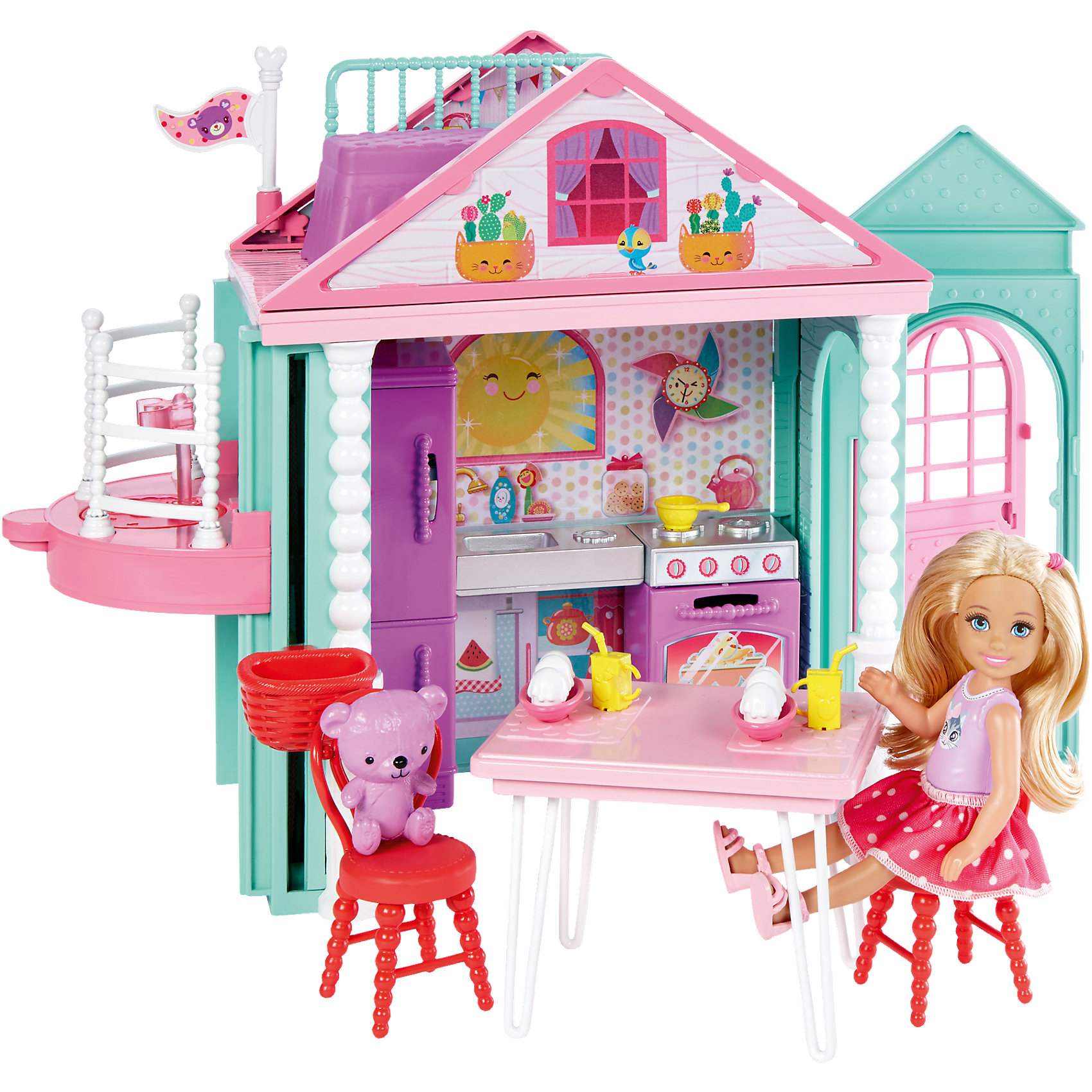 Домик Челси Домик ЧелсиДомики и мебель<br>Домик Челси, Barbie (Барби)<br><br>Характеристики:<br><br>• в комплекте есть всё необходимое для веселых встреч с подружками<br>• лифт поднимает Челси на второй этаж<br>• материал: пластик<br>• в комплекте: кукла, медвежонок, элементы домика, аксессуары<br>• высота куклы: 14 см<br>• размер упаковки: 34,5х27х7 см<br>• вес: 795 грамм<br><br>Восхитительный домик Челси - настоящий подарок для встреч с любимыми подружками. На первом этаже располагается кухня со всей необходимой бытовой техникой, посудой, мебелью и продуктами. Красавица с радостью угостит напитками и десертами своих друзей и маленького медвежонка. Лифт может поднять Челси на второй этаж, где расположена ее кроватка. Там девочка сладко поспит или помечтает, глядя на звезды. Яркие декорации дома понравятся гостям и они с радостью придут в гости к милашке Челси. Кукла одета в маечку с принтом, юбку в горошек и сандалики.<br><br>Домик Челси, Barbie (Барби) можно купить в нашем интернет-магазине.<br><br>Ширина мм: 351<br>Глубина мм: 274<br>Высота мм: 78<br>Вес г: 785<br>Возраст от месяцев: 36<br>Возраст до месяцев: 72<br>Пол: Женский<br>Возраст: Детский<br>SKU: 5257131