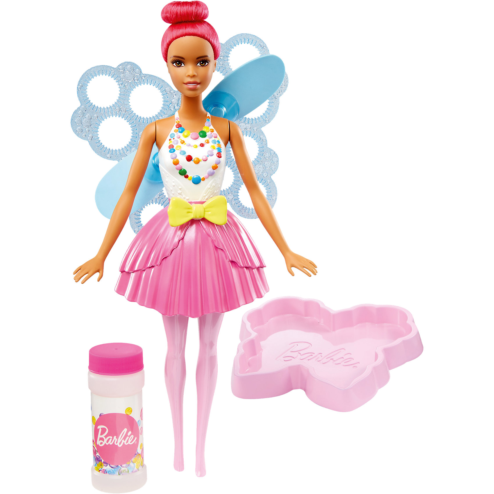 Фея с волшебными пузырьками, Barbie, 29 см Фея с волшебными пузырьками, Barbie, 29 смПопулярные игрушки<br>Характеристики товара:<br><br>• комплектация: кукла, контейнер для жидкости, раствор для мыльных пузырей<br>• материал: пластик<br>• серия: Barbie™ Dreamtopia «Сладкое Королевство»<br>• высота куклы: 28 см<br>• возраст: от трех лет<br>• размер упаковки: 33х12х5 см<br>• вес: 0,3 кг<br>• страна бренда: США<br><br>Эта красивая кукла Барби порадует маленьких любительниц мыльных пузырей! Чтобы начать с ней играть, необходимо просто налить раствор из бутылочки, окунуть в него крылья куклы и потянуть за ленточку на её поясе - появятся волшебные пузыри! Барби из серии Сладкое Королевство станет великолепным подарком для девочек. Кукла одета в яркий наряд.<br><br>Куклы - это не только весело, они помогают девочкам развить вкус и чувство стиля, отработать сценарии поведения в обществе, развить воображение и мелкую моторику. Кукла от бренда Mattel не перестает быть популярной! <br><br>Куклу Фея с волшебными пузырьками от компании Mattel можно купить в нашем интернет-магазине.<br><br>Ширина мм: 325<br>Глубина мм: 230<br>Высота мм: 91<br>Вес г: 444<br>Возраст от месяцев: 36<br>Возраст до месяцев: 72<br>Пол: Женский<br>Возраст: Детский<br>SKU: 5262152