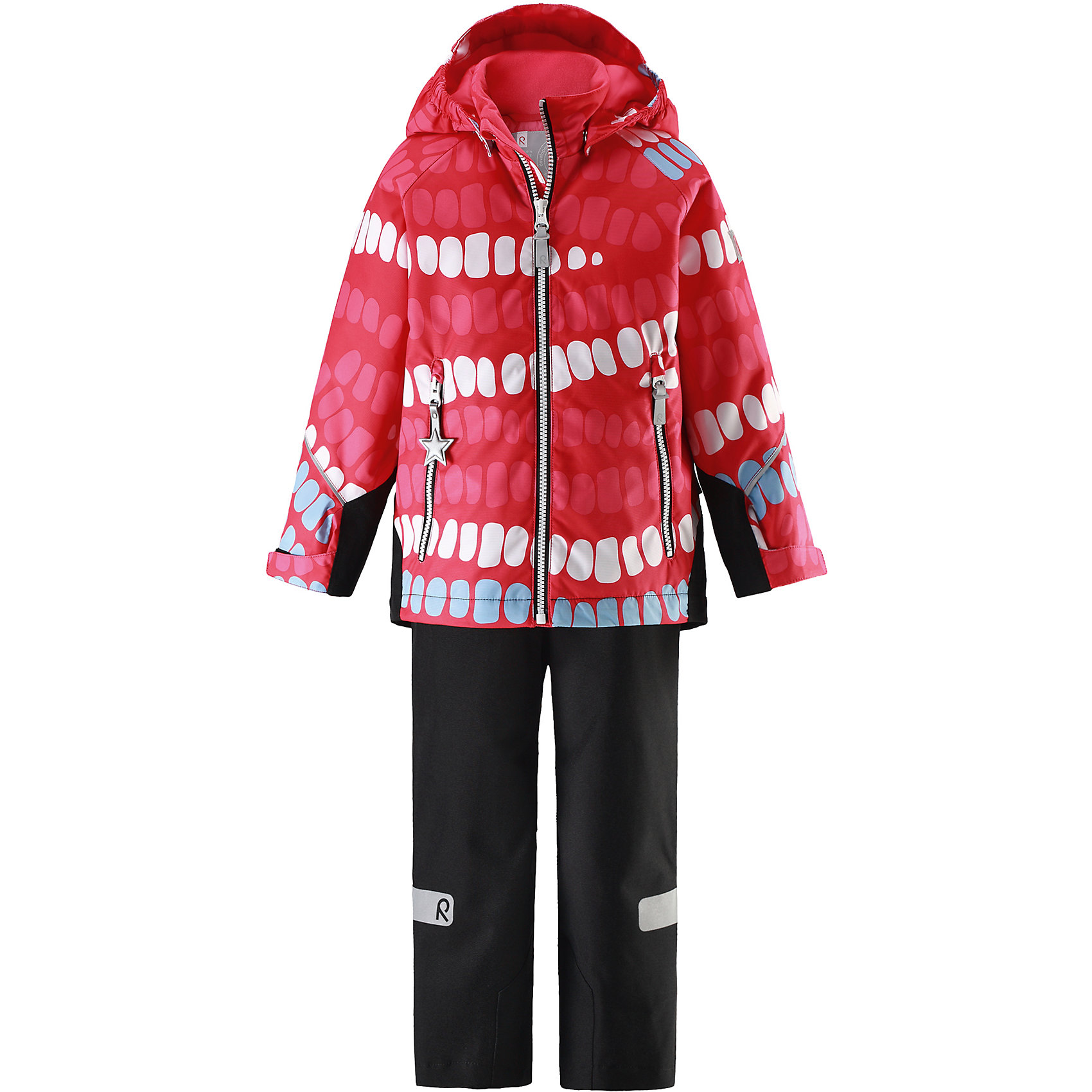 Комплект Kiddo Segel: куртка и брюки для девочки Reimatec® Reima Комплект Kiddo Segel: куртка и брюки для девочки Reimatec® ReimaОдежда<br>Характеристики товара:<br><br>• цвет: красный/черный<br>• состав: 100% полиэстер, полиуретановое покрытие<br>• температурный режим: от 0° до +10°С<br>• легкий утеплитель: 80 гр/м2<br>• водонепроницаемость: куртка - 8000, брюки - 10000<br>• воздухопроницаемость: куртка - 5000, брюки - 3000 мм<br>• износостойкость: куртка - 30000, брюки - 50000 циклов (тест Мартиндейла)<br>• основные швы проклеены, водонепроницаемы<br>• водо- и ветронепроницаемый, дышащий, грязеотталкивающий материал<br>• подкладка из мягкого полиэстера<br>• прочные усиления на рукавах и спинке<br>• безопасный съёмный капюшон<br>• регулируемые манжеты на застёжке-липучке <br>• регулируемый подол<br>• регулируемые концы брючин со снегозащитой<br>• комфортная посадка<br>• два кармана на молнии<br>• светоотражающие детали<br>• страна производства: Китай<br>• страна бренда: Финляндия<br>• коллекция: весна-лето 2017<br><br>Демисезонный комплект из куртки и штанов поможет обеспечить ребенку комфорт и тепло. Предметы отлично смотрятся с различной одеждой. Комплект удобно сидит и модно выглядит. Материал отлично подходит для дождливой погоды. Стильный дизайн разрабатывался специально для детей.<br><br>Обувь и одежда от финского бренда Reima пользуются популярностью во многих странах. Они стильные, качественные и удобные. Для производства продукции используются только безопасные, проверенные материалы и фурнитура.<br><br>Комплект: куртка и брюки для девочки Reimatec® от финского бренда Reima (Рейма) можно купить в нашем интернет-магазине.<br><br>Ширина мм: 356<br>Глубина мм: 10<br>Высота мм: 245<br>Вес г: 519<br>Цвет: красный<br>Возраст от месяцев: 36<br>Возраст до месяцев: 48<br>Пол: Женский<br>Возраст: Детский<br>Размер: 104,98,92,140,134,110,128,116,122<br>SKU: 5266070