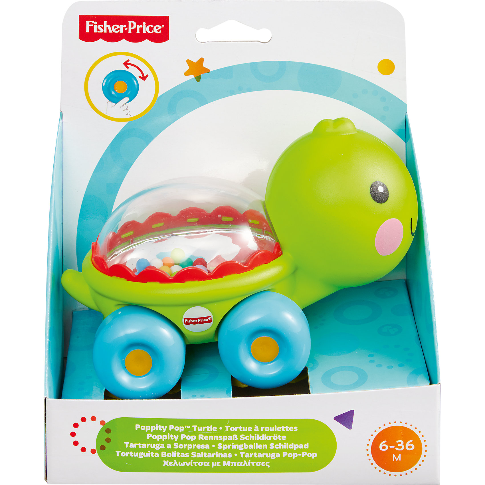 Веселая черепашка с прыгающими шариками, Fisher-Price Веселая черепашка с прыгающими шариками, Fisher-PriceРазвивающие игрушки<br>Характеристики детской каталки «Веселая черепашка»:<br><br>• тип игрушки: каталка на колесиках;<br>• оформление игрушки: цветные шарики внутри прозрачного контейнера;<br>• звуковое сопровождение: эффект трещотки;<br>• материал: пластик;<br>• размер упаковки: 19х31х20 см;<br>• вес в упаковке: 200 г.<br><br>Развивающая игрушка Fisher-Price для малыша представлена в виде черепашки с прозрачным панцирем с зеркальным дном. Внутри панциря находятся цветные шарики, которые создают эффект трещотки во время движения игрушки. В процессе игры развивается наблюдательность, слуховое восприятие, координация движений. <br><br>Веселую черепашку с прыгающими шариками, Fisher-Price можно купить в нашем интернет-магазине.<br><br>Ширина мм: 150<br>Глубина мм: 95<br>Высота мм: 165<br>Вес г: 200<br>Возраст от месяцев: 6<br>Возраст до месяцев: 36<br>Пол: Унисекс<br>Возраст: Детский<br>SKU: 5285010