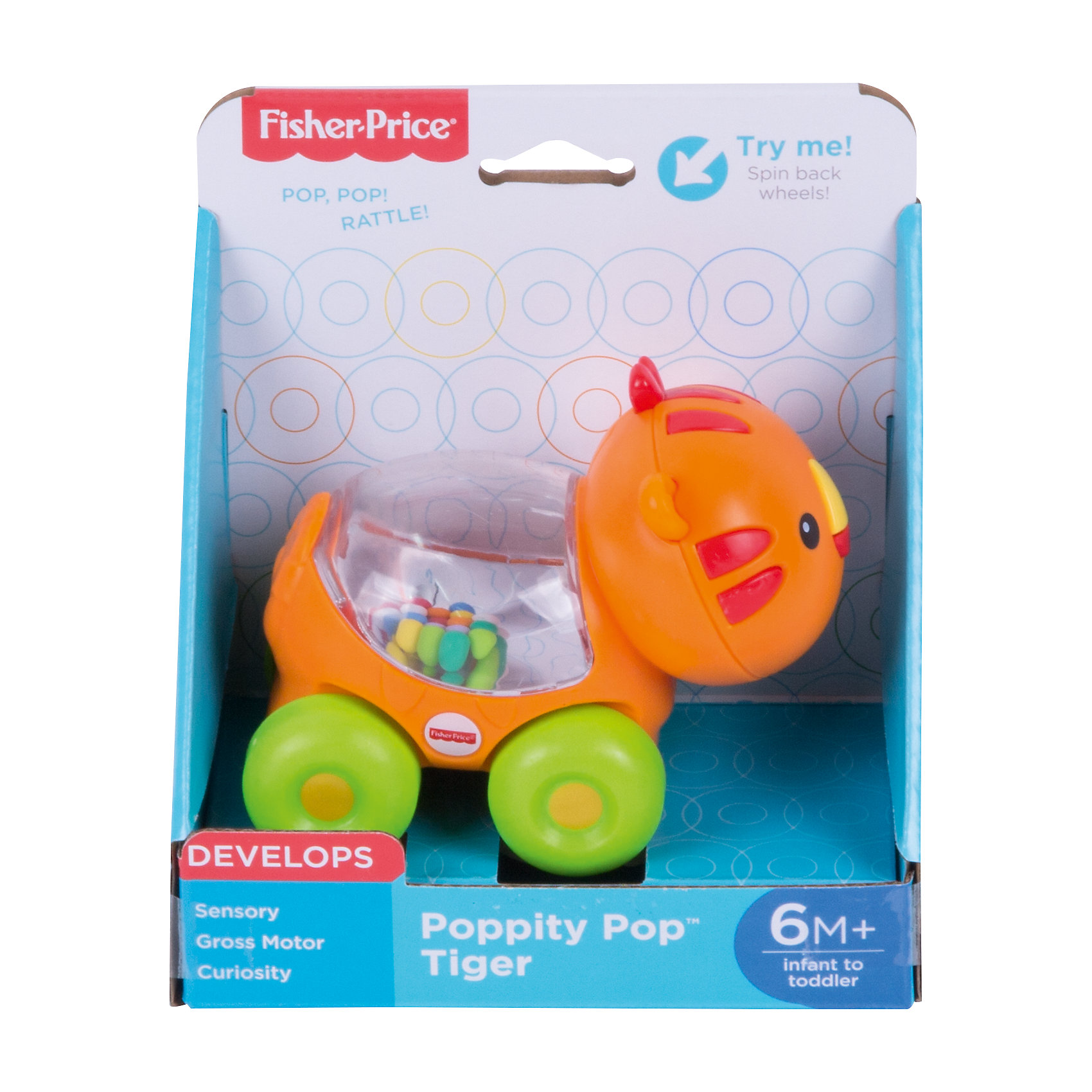 Веселый тигр с прыгающими шариками, Fisher-Price Веселый тигр с прыгающими шариками, Fisher-PriceРазвивающие игрушки<br>Характеристики детской каталки «Веселый тигр»:<br><br>• тип игрушки: каталка на колесиках;<br>• оформление игрушки: цветные шарики внутри прозрачного контейнера;<br>• звуковое сопровождение: эффект трещотки;<br>• материал: пластик;<br>• размер упаковки: 19х31х20 см;<br>• вес в упаковке: 200 г.<br><br>Развивающая игрушка Fisher-Price для малыша представлена в виде тигра, у которого на спинке имеется прозрачный контейнер с зеркальным дном. Внутри контейнера находятся цветные шарики, которые создают эффект трещотки во время движения игрушки. В процессе игры развивается наблюдательность, слуховое восприятие, координация движений. <br><br>Веселого тигра с прыгающими шариками, Fisher-Price можно купить в нашем интернет-магазине.<br><br>Ширина мм: 150<br>Глубина мм: 95<br>Высота мм: 165<br>Вес г: 200<br>Возраст от месяцев: 6<br>Возраст до месяцев: 36<br>Пол: Унисекс<br>Возраст: Детский<br>SKU: 5285012