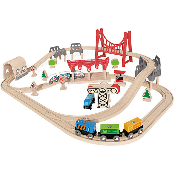 Игровой набор Железная дорога, Hape Игровой набор Железная дорога, HapeЖелезные дороги<br>Игровой набор Железная дорога, Hape (Хейп).<br><br>Характеристики:<br><br>- В наборе: элементы для сборки железной дороги, арочный мост, вантовый мост, депо, 2 состава (грузовой и пассажирский), машинка, деревья, часы, железнодорожные знаки, погрузчик<br>- Количество деталей: 63<br>- Размер в собранном виде: 85х70х20 см.<br>- Материал: древесина<br>- Размер упаковки: 48х15х45 см.<br><br>Игровой набор Железная дорога от Hape (Хейп) – мечта любого мальчишки! Набор состоит из железной дороги в виде двойной петли с арочным и вантовым мостом, пассажирского и грузового составов, депо и дополнительных элементов – погрузчика, часов, машинки, фигурок в виде деревьев и железнодорожных знаков. Железная дорога собирается из отдельных элементов по принципу пазла. Затруднений со сборкой железнодорожного полотна у ребенка не возникнет, так как элементы довольно крупные. Вагоны крепятся друг к другу магнитными элементами, расположенными в передней и задней частях, что позволяет беспрепятственно отсоединять их, комбинировать по ходу игры. Набор изготовлен из отлично отшлифованного, натурального дерева, окрашенного нетоксичной краской. Играя с набором Железная дорога, ребенок будет не только получать удовольствие от игры, но и развивать мелкую моторику рук, фантазию, воображение, координацию движений, конструкторские и игровые навыки.<br><br>Игровой набор Железная дорога, Hape (Хейп) можно купить в нашем интернет-магазине.<br><br>Ширина мм: 150<br>Глубина мм: 480<br>Высота мм: 420<br>Вес г: 3500<br>Возраст от месяцев: 36<br>Возраст до месяцев: 84<br>Пол: Мужской<br>Возраст: Детский<br>SKU: 5309151