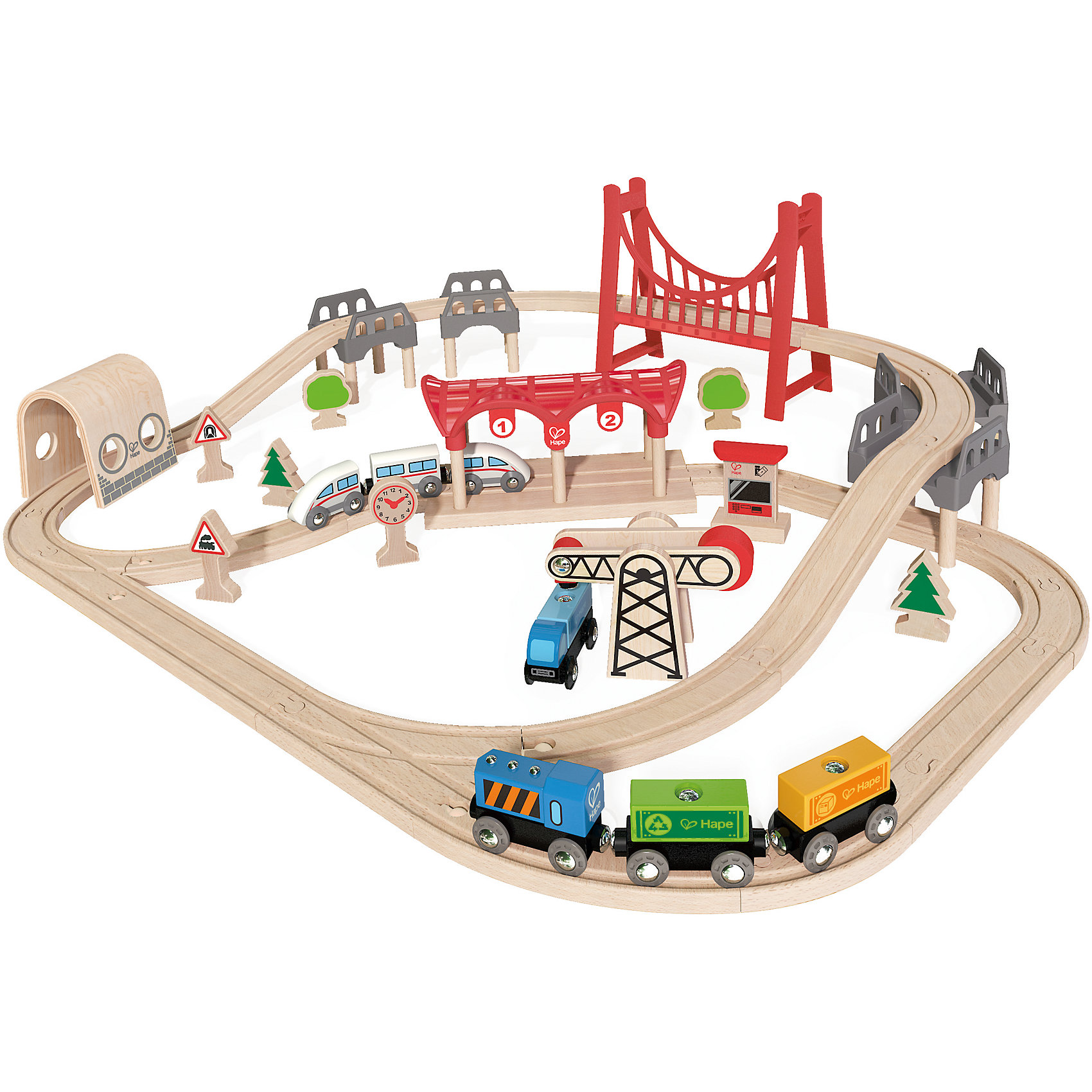 Игровой набор Железная дорога, Hape Игровой набор Железная дорога, HapeИгрушечная железная дорога<br>Игровой набор Железная дорога, Hape (Хейп).<br><br>Характеристики:<br><br>- В наборе: элементы для сборки железной дороги, арочный мост, вантовый мост, депо, 2 состава (грузовой и пассажирский), машинка, деревья, часы, железнодорожные знаки, погрузчик<br>- Количество деталей: 63<br>- Размер в собранном виде: 85х70х20 см.<br>- Материал: древесина<br>- Размер упаковки: 48х15х45 см.<br><br>Игровой набор Железная дорога от Hape (Хейп) – мечта любого мальчишки! Набор состоит из железной дороги в виде двойной петли с арочным и вантовым мостом, пассажирского и грузового составов, депо и дополнительных элементов – погрузчика, часов, машинки, фигурок в виде деревьев и железнодорожных знаков. Железная дорога собирается из отдельных элементов по принципу пазла. Затруднений со сборкой железнодорожного полотна у ребенка не возникнет, так как элементы довольно крупные. Вагоны крепятся друг к другу магнитными элементами, расположенными в передней и задней частях, что позволяет беспрепятственно отсоединять их, комбинировать по ходу игры. Набор изготовлен из отлично отшлифованного, натурального дерева, окрашенного нетоксичной краской. Играя с набором Железная дорога, ребенок будет не только получать удовольствие от игры, но и развивать мелкую моторику рук, фантазию, воображение, координацию движений, конструкторские и игровые навыки.<br><br>Игровой набор Железная дорога, Hape (Хейп) можно купить в нашем интернет-магазине.<br><br>Ширина мм: 150<br>Глубина мм: 480<br>Высота мм: 420<br>Вес г: 3500<br>Возраст от месяцев: 36<br>Возраст до месяцев: 84<br>Пол: Мужской<br>Возраст: Детский<br>SKU: 5309151
