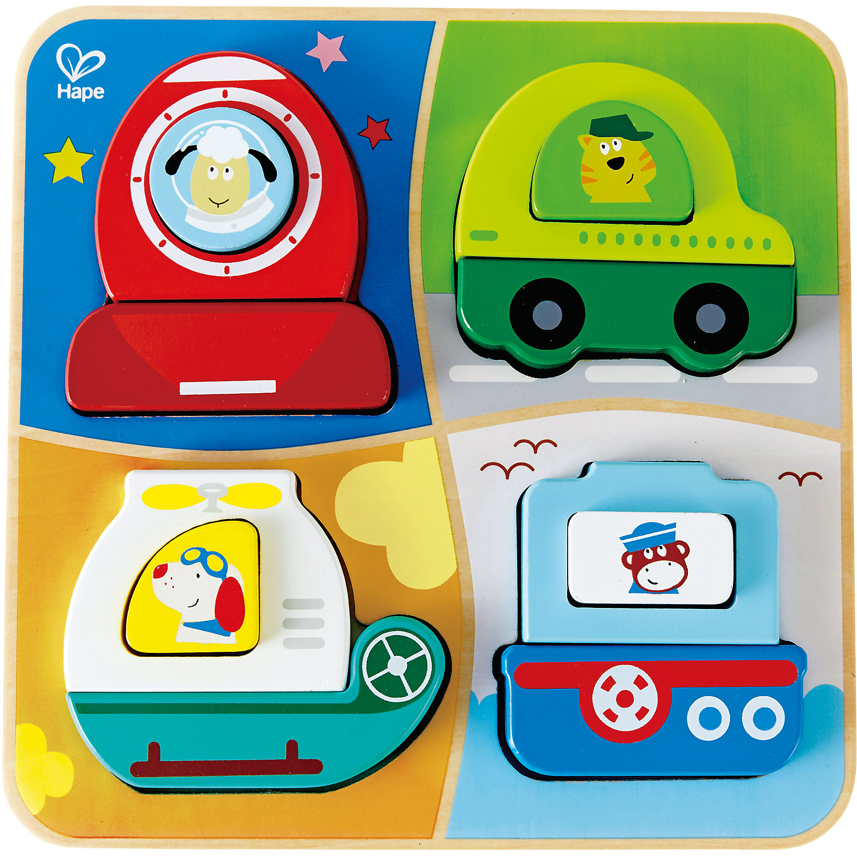 Пазл Приключения, Hape Пазл Приключения, HapeСортеры<br>Пазл Приключения, Hape (Хейп).<br><br>Характеристики:<br><br>- Количество деталей: 13<br>- Материал: древесина<br>- Размер упаковки: 20,8х20,8х2,9 см.<br><br>Яркий и красочный пазл, выполненный из экологически чистых пород дерева, состоит из разноцветных деталей разнообразных форм, которые нужно правильно вставить в соответствующее основания. Малышу придется постараться, чтобы правильно собрать космический корабль, кораблик, машинку и вертолет. На основание нанесены картинки-подсказки, по которым малыш должен найти и расположить детали. На первом этапе рекомендуем родителям поиграть с ребенком вместе, показать, как нужно подбирать детали и размещать их. Проговорить все это вслух, одного-двух раз малышу будет достаточно, чтобы понять, как собирать пазл. Игра развивает мелкую моторику, координацию, цветовое восприятие и логическое мышление ребенка.<br><br>Пазл Приключения, Hape (Хейп) можно купить в нашем интернет-магазине.<br><br>Ширина мм: 95<br>Глубина мм: 200<br>Высота мм: 95<br>Вес г: 617<br>Возраст от месяцев: 18<br>Возраст до месяцев: 48<br>Пол: Мужской<br>Возраст: Детский<br>SKU: 5309160