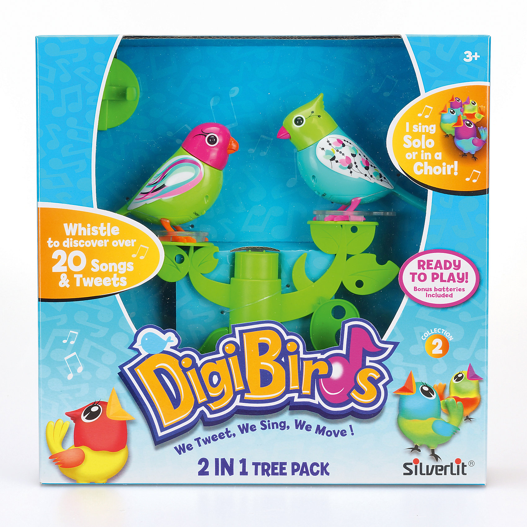 Две птички с деревом, зелено-голубые, DigiBirds Две птички с деревом, зелено-голубые, DigiBirdsИнтерактивные животные<br>Характеристики:<br><br>• Предназначение: для сюжетно-ролевых игр, интерьерные игрушки<br>• Коллекция: DigiBirds<br>• Материал: пластик<br>• Комплектация: две птички, дерево-подставка, свисток-кольцо<br>• Батарейки: 6 шт. типа LR44 (предусмотрены в комплекте)<br>• Дерево-подставка совместимо с другими деревьями из данной серии<br>• Птички синхронизируются с птичками из других наборов данной серии<br>• В записи 55 мелодий<br>• Два режима: хор и соло<br>• Вес: 330 г<br>• Размеры упаковки (Д*В*Ш): 5,7*24,8*24,8 см<br>• Упаковка: картонная коробка с блистером<br>• Особенности ухода: сухая чистка<br><br>Две птички с деревом, зелено-голубые, DigiBirds ? это игровой набор от мирового лидера в производстве интерактивных игрушек – Silverlit. Игрушка выполнена из прочного и безопасного пластика, окрашена нетоксичными красками. Набор состоит из двух разноцветных птичек, расположенных на ветвях дерева, которое является подставкой. Чтобы заставить птичек петь, достаточно подуть на грудку или посвистеть в свисток, который предусмотрен в комплекте. <br><br>Птички могут петь в двух режимах: хор и соло. Синхронизация происходит автоматически. Всего в их творческом репертуаре имеется 55 разнообразных песенок и звуков. Две птички с деревом, зелено-голубые, DigiBirds ? эта уникальная игрушка, которая будет способствовать развитию музыкального слуха, а текже развивать речевой аппарат ребенка за счет простых, но эффективных упражнений: подуть в свисток, подуть на птичку.<br><br>Двух птичек с деревом, зелено-голубых, DigiBirds, можно купить в нашем интернет-магазине.<br><br>Ширина мм: 57<br>Глубина мм: 248<br>Высота мм: 248<br>Вес г: 330<br>Возраст от месяцев: 36<br>Возраст до месяцев: 84<br>Пол: Женский<br>Возраст: Детский<br>SKU: 5340139