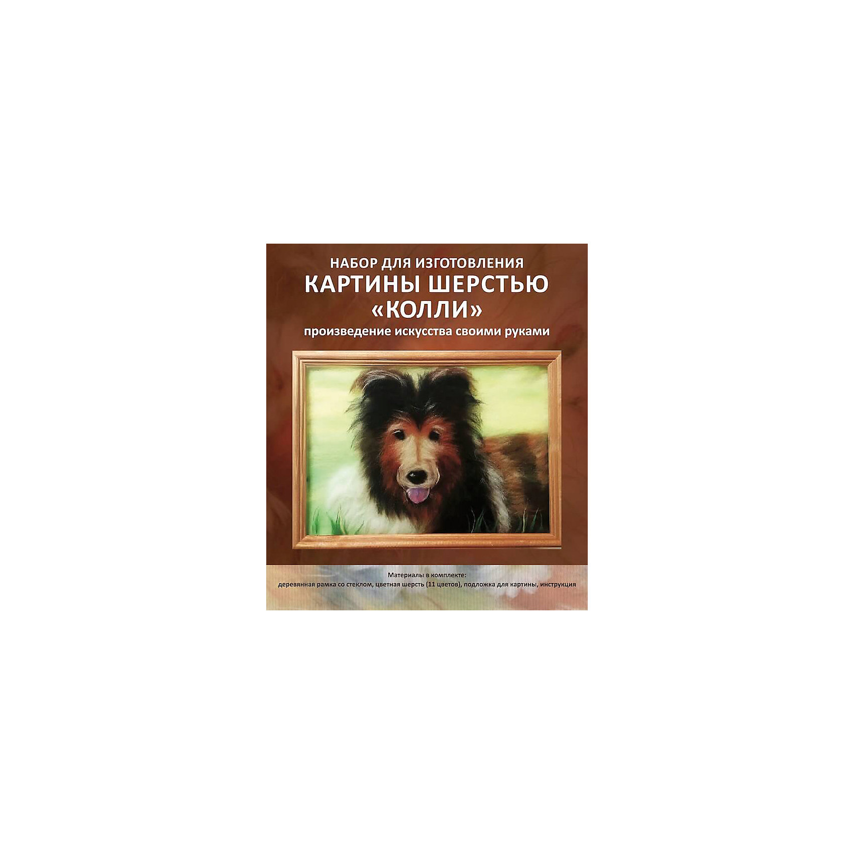 Картина шерстью Колли Картина шерстью КоллиРукоделие<br>В набор входит шерсть натуральная меринос, подложка, трафареты, рамка деревянная со стеклом, подробная инструкция. Получается обьемная, необыкновенная картина с 3D эффеектом.<br><br>Ширина мм: 340<br>Глубина мм: 30<br>Высота мм: 240<br>Вес г: 550<br>Возраст от месяцев: 120<br>Возраст до месяцев: 180<br>Пол: Унисекс<br>Возраст: Детский<br>SKU: 5350907
