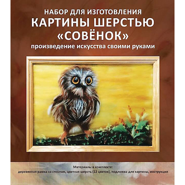 Картина шерстью Совенок Картина шерстью СовенокШерсть<br>В набор входит шерсть натуральная меринос, подложка, трафареты, рамка деревянная со стеклом, подробная инструкция. Получается обьемная, необыкновенная картина с 3D эффеектом.<br><br>Ширина мм: 340<br>Глубина мм: 30<br>Высота мм: 240<br>Вес г: 550<br>Возраст от месяцев: 120<br>Возраст до месяцев: 180<br>Пол: Унисекс<br>Возраст: Детский<br>SKU: 5350909