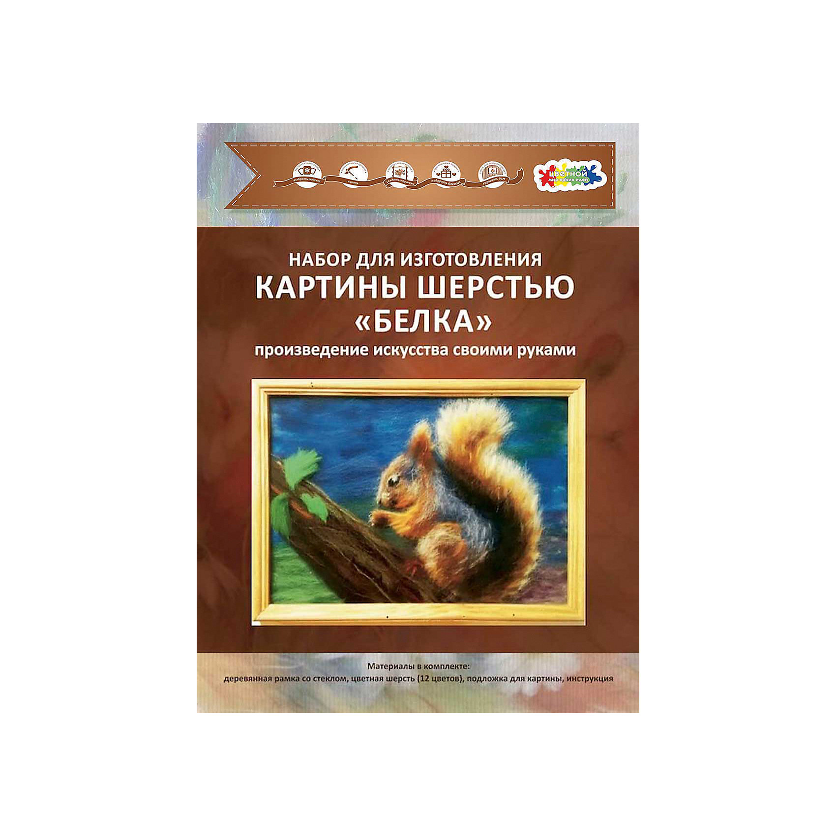Картина шерстью Белка Картина шерстью БелкаРукоделие<br>В набор входит шерсть натуральная меринос, подложка, трафареты, рамка деревянная со стеклом, подробная инструкция. Получается обьемная, необыкновенная картина с 3D эффеектом.<br><br>Ширина мм: 340<br>Глубина мм: 30<br>Высота мм: 240<br>Вес г: 550<br>Возраст от месяцев: 120<br>Возраст до месяцев: 180<br>Пол: Унисекс<br>Возраст: Детский<br>SKU: 5358588