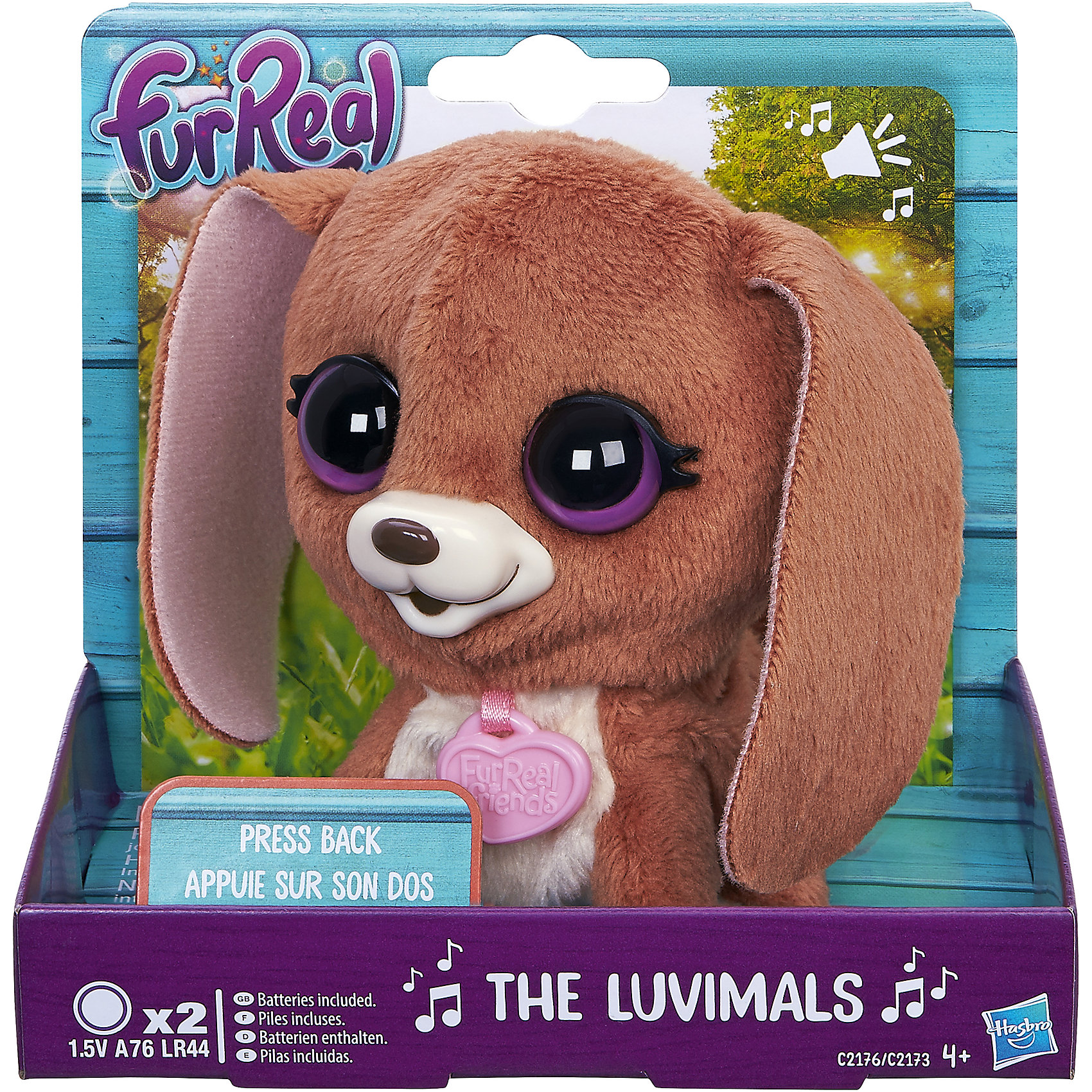 Собачка, FurReal Friends, Hasbro Собачка, FurReal Friends, HasbroЗвери и птицы<br>Характеристики:<br><br>• Вид игр: сюжетно-ролевые, коллекционирование<br>• Пол: для девочек<br>• Коллекция: Поющие зверята<br>• Материал: текстиль, пластик<br>• Батарейки: 2 х A76 / LR44 (предусмотрены в комплекте)<br>• Высота игрушки: 9-11 см<br>• Поворачивают голову<br>• Умеют петь<br>• Вес в упаковке: 130 г<br>• Размеры упаковки (Д*Ш*В): 11,4*10,2*12,7 см<br>• Упаковка: картонная коробка <br><br>Поющие зверята, Furreal, C2173/C2174 – это коллекция милых пушистых животных от Хасбро, которые умеют петь. Все зверушки выполнены из плюша с ворсом, за счет чего они очень приятные на ощупь, большие выразительные глазки придают игрушкам очень миловидный облик. У каждого зверька на шее имеется пластиковый кулон с брендовой надписью. Игрушки умеют не только петь соло, но и дуэтом. Благодаря компактному размеру, их можно брать с собой в дорогу или в качестве талисмана. Собачка выполнена из плюша коричневого цвета и у нее большие фиолетовые глаза. Сюжетно-ролевые игры с музыкальными игрушками способствуют развитию художественно-эстетического и музыкального вкуса, а разыгрываемые сюжетно-ролевые игры с домашними любимцами развивают чувство ответственности и заботы. <br><br>Поющих зверят, Furreal, C2173/C2174 можно купить в нашем интернет-магазине.<br><br>Ширина мм: 102<br>Глубина мм: 127<br>Высота мм: 114<br>Вес г: 151<br>Возраст от месяцев: 48<br>Возраст до месяцев: 144<br>Пол: Женский<br>Возраст: Детский<br>SKU: 5363494
