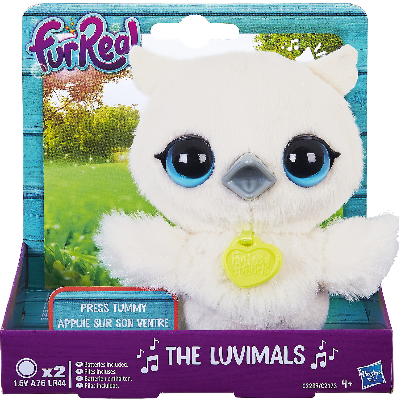 Сова, FurReal Friends, Hasbro Сова, FurReal Friends, HasbroИнтерактивные мягкие игрушки<br>Характеристики:<br><br>• Вид игр: сюжетно-ролевые, коллекционирование<br>• Пол: для девочек<br>• Коллекция: Поющие зверята<br>• Материал: текстиль, пластик<br>• Батарейки: 2 х A76 / LR44 (предусмотрены в комплекте)<br>• Высота игрушки: 9-11 см<br>• Поворачивают голову<br>• Умеют петь<br>• Вес в упаковке: 130 г<br>• Размеры упаковки (Д*Ш*В): 11,4*10,2*12,7 см<br>• Упаковка: картонная коробка <br><br>Поющие зверята, Furreal, C2173/C2174 – это коллекция милых пушистых животных от Хасбро, которые умеют петь. Все зверушки выполнены из плюша с ворсом, за счет чего они очень приятные на ощупь, большие выразительные глазки придают игрушкам очень миловидный облик. У каждого зверька на шее имеется пластиковый кулон с брендовой надписью. Игрушки умеют не только петь соло, но и дуэтом. Благодаря компактному размеру, их можно брать с собой в дорогу или в качестве талисмана. Совенок выполнен из плюша белого цвета и у него большие голубые глаза. Сюжетно-ролевые игры с музыкальными игрушками способствуют развитию художественно-эстетического и музыкального вкуса, а разыгрываемые сюжетно-ролевые игры с домашними любимцами развивают чувство ответственности и заботы. <br><br>Поющих зверят, Furreal, C2173/C2174 можно купить в нашем интернет-магазине.<br><br>Ширина мм: 102<br>Глубина мм: 127<br>Высота мм: 114<br>Вес г: 151<br>Возраст от месяцев: 48<br>Возраст до месяцев: 144<br>Пол: Женский<br>Возраст: Детский<br>SKU: 5363497