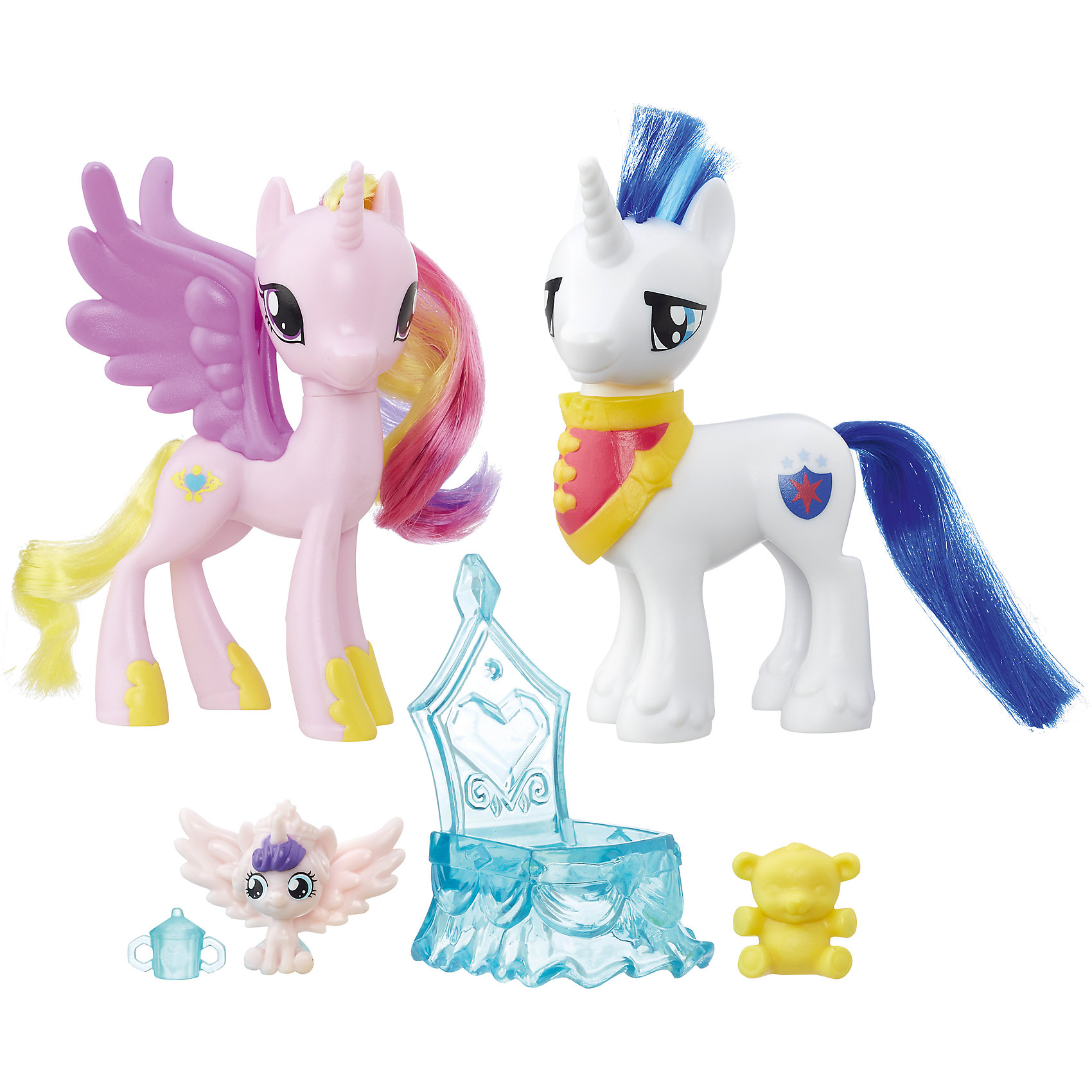 Пони-модницы парочки, My little Pony, Принцесса Каденс и Шайнинг Армор B9160/B9848 Пони-модницы парочки, My little Pony, Принцесса Каденс и Шайнинг Армор B9160/B9848Игрушки<br>Характеристики:<br><br>• Вид игр: сюжетно-ролевые, коллекционирование<br>• Пол: для девочек<br>• Коллекция: My little Pony<br>• Материал: пластик<br>• Высота фигурки: 7,5 см<br>• Комплектация: три фигурки пони, колыбелька, бутылочка для кормления и игрушка для малыша<br>• Вес в упаковке: 290 г<br>• Размеры упаковки (Г*Ш*В): 27*7,5*24 см<br>• Упаковка: блистер на картонной подложке<br><br>Пони-модницы парочки: Принцесса Каденс и Шайнинг Армор, My little Pony, B9160/B9848 – это новая коллекция бренда My little Pony от Хасбро. В коллекции представлены фигурки семейные пары с малышом-пони и аксессуарами для ухода за ним. В комплекте предусмотрена колыбелька для малыша-пони, бутылочка для кормления и любимая игрушка – медвежонок. Теперь можно разыгрывать любимые сюжеты игры дочки-матери вместе с замечательными пони! Фигурки и аксессуары выполнены из экологически безопасного и прочного пластика, который устойчив к физическим и механическим повреждениям, окрашены нетоксичными яркими красками, которые не изменяют свой цвет даже при длительной эксплуатации. Игры с такими фигурками будут способствовать развитию фантазии и воображения. Пони-модницы парочки: Принцесса Каденс и Шайнинг Армор, My little Pony, B9160/B9848 – это замечательный подарок для девочки к любому празднику!<br><br>Пони-модниц парочки: Принцесса Каденс и Шайнинг Армор, My little Pony, B9160/B9848 можно купить в нашем интернет-магазине.<br><br>Ширина мм: 67<br>Глубина мм: 254<br>Высота мм: 235<br>Вес г: 363<br>Цвет: розовый/белый<br>Возраст от месяцев: 36<br>Возраст до месяцев: 120<br>Пол: Женский<br>Возраст: Детский<br>SKU: 5363519