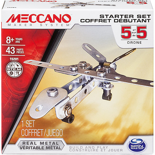 Базовая модель Дрон, Meccano Базовая модель Дрон, MeccanoСамолёты и вертолёты<br>Характеристики товара:<br><br>• возраст: от 8 лет;<br>• материал: металл;<br>• в комплекте: 43 элемента, 2 инструмента, инструкция;<br>• размер упаковки: 12,5х12,5х4,5 см;<br>• вес упаковки: 160 гр.;<br>• страна производитель: Китай.<br><br>Базовая модель «Дрон» Meccano — конструктор из металлических деталей. При помощи инструментов из деталей собирается объемная модель. <br><br>В процессе ребенок знакомится с принципами сборки конструктора, у него развивается мелкая моторика рук, усидчивость, логическое мышление, интеллект.<br><br>Базовую модель «Дрон» Meccano можно приобрести в нашем интернет-магазине.<br><br>Ширина мм: 130<br>Глубина мм: 130<br>Высота мм: 40<br>Вес г: 143<br>Возраст от месяцев: 96<br>Возраст до месяцев: 2147483647<br>Пол: Мужской<br>Возраст: Детский<br>SKU: 5377746