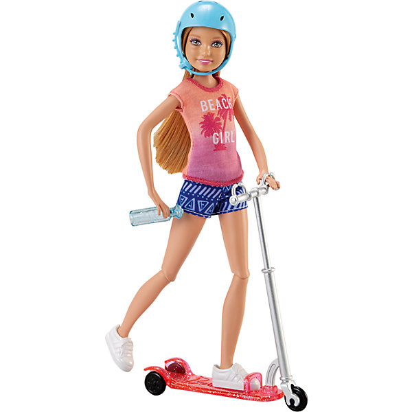 Кукла на самокате, Barbie Кукла на самокате, BarbieBarbie<br>Кукла на самокате, Barbie.<br><br>Характеристики:<br><br>• возраст: от 3 лет<br>• комплект: кукла, самокат, голубой шлем, бутылочка с водой.<br>• состав: пластик, текстиль.<br>• размер упаковки: 7 x 33 x 17 см.<br>• упаковка: картонная коробка блистерного типа.<br>• страна обладатель бренда: США.<br><br>Отправляйся навстречу приключениям с куклой Стейси и ее самокатом! У него розовый корпус и серебристый руль. Положи руки куклы Стейси на руль, поставь ногу на самокат и вперед! Гибкие колени Стейси и крутящиеся колеса самоката добавляют реалистичности действиям и позволяют Стуйси показать всем свои спортивные движения. Кукла Стейси одета в яркую ретро-футболку, шорты с узорами и белые кроссовки. И не забудь ее голубой шлем и бутылочку с водой! У бутылочки есть специальная застежка, чтобы Стейси могла попить, когда захочет.<br><br>Куклу на самокате, Barbie можно купить в нашем интернет-магазине.<br><br>Ширина мм: 165<br>Глубина мм: 65<br>Высота мм: 325<br>Вес г: 464<br>Возраст от месяцев: 36<br>Возраст до месяцев: 120<br>Пол: Женский<br>Возраст: Детский<br>SKU: 5378157
