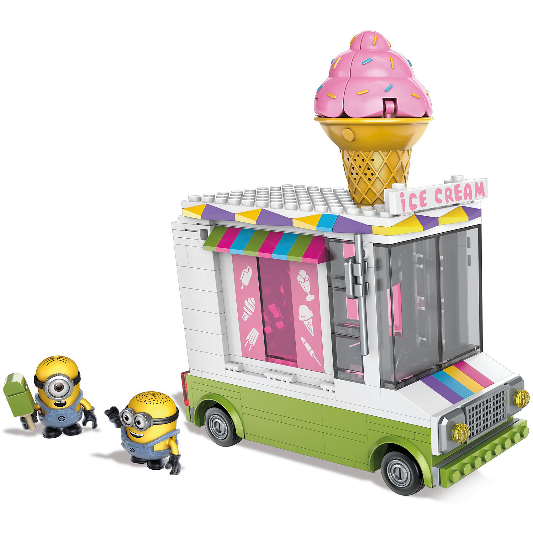 Конструктор Mega Bloks Миньоны - Фургончик с мороженым, 286 деталей Конструктор Mega Bloks Миньоны - Фургончик с мороженым, 286 деталейПластмассовые конструкторы<br>Характеристики товара:<br><br>• возраст: от 7 лет;<br>• материал: пластик;<br>• в комплекте: 286 деталей, 2 фигурки;<br>• тип батареек: 3 батарейки LR44;<br>• наличие батареек: демонстрационные в комплекте;<br>• размер упаковки: 36х29х5 см;<br>• вес упаковки: 655 гр.;<br>• страна производитель: Китай.<br><br>Конструктор «Миньоны: фургончик с мороженым» Mega Bloks создан по мотивам известных мультфильмов «Гадкий я» и «Миньоны» про желтых забавных существ Миньонов, которые постоянно смеются и попадают в неприятности.<br><br>В комплект входят 2 фигурки персонажей, а из элементов конструктора предстоит собрать опасный фургончик с мороженым. Маленькие желтые существа очень любят мороженое, и поэтому легко следуют за фургончиком, не зная, что это ловушка. Рожок на крыше открывается, выскакивает и захватывает Миньонов. <br><br>Во время игры из машины звучит музыка, и слышны крики Миньонов. Все детали выполнены из качественного безвредного пластика. Сборка конструктора — увлекательное занятие, которое способствует развитию мелкой моторики рук, усидчивости, логического мышления.<br><br>Конструктор «Миньоны: фургончик с мороженым» Mega Bloks можно приобрести в нашем интернет-магазине.<br><br>Ширина мм: 355<br>Глубина мм: 50<br>Высота мм: 290<br>Вес г: 679<br>Возраст от месяцев: 84<br>Возраст до месяцев: 2147483647<br>Пол: Унисекс<br>Возраст: Детский<br>SKU: 5378239