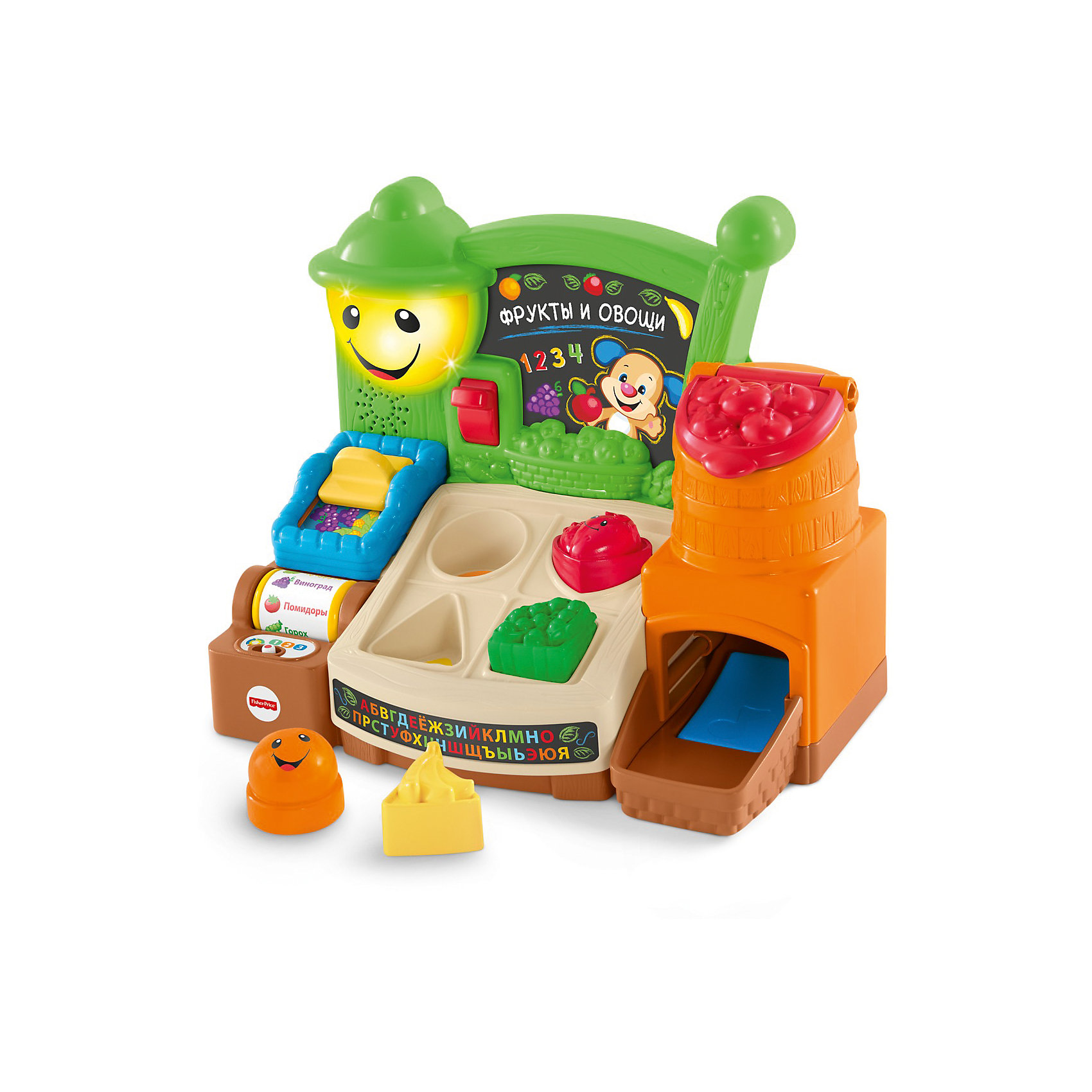 Обучающий прилавок Fisher Price Смейся и учись - Веселые фрукты (звук, свет) Обучающий прилавок Fisher Price Смейся и учись - Веселые фрукты (звук, свет)Интерактивные игрушки для малышей<br>Характеристики товара:<br><br>• возраст: от 9 месяцев;<br>• материал: пластик;<br>• тип батареек: 3 батарейки АА;<br>• наличие батареек: не входят в комплект;<br>• размер упаковки: 33х31х19 см;<br>• вес упаковки: 1,6 кг;<br>• страна производитель: Китай.<br><br>Развивающая игрушка «Прилавок с фруктами и овощами» Fisher Price — увлекательная развивающая игрушка для детей от 6 месяцев, которая включает в себя развивающие и 65 разнообразных мелодий. На игровой панели имеются корзинка для фруктов, вращающийся бочонок, сортер с фигурками разной формы, светящийся фонарик. <br><br>С ее помощью малыш выучит названия фруктов, цвета, цифры от 1 до 10, новые слова не только на русском, но и на английском, познакомится с понятием формы. Игрушка поспособствует развитию мелкой моторики рук, тактильных ощущений, музыкального слуха, логического мышления.<br><br>В зависимости от возраста предусмотрено 3 уровня обучения: «Обучение», «Вовлечение», «Развитие». Игрушка выполнена из качественного безопасного пластика и не имеет острых элементов.<br><br>Развивающую игрушку «Прилавок с фруктами и овощами» Fisher Price можно приобрести в нашем интернет-магазине.<br><br>Ширина мм: 310<br>Глубина мм: 190<br>Высота мм: 330<br>Вес г: 690<br>Возраст от месяцев: 9<br>Возраст до месяцев: 2147483647<br>Пол: Унисекс<br>Возраст: Детский<br>SKU: 5378270