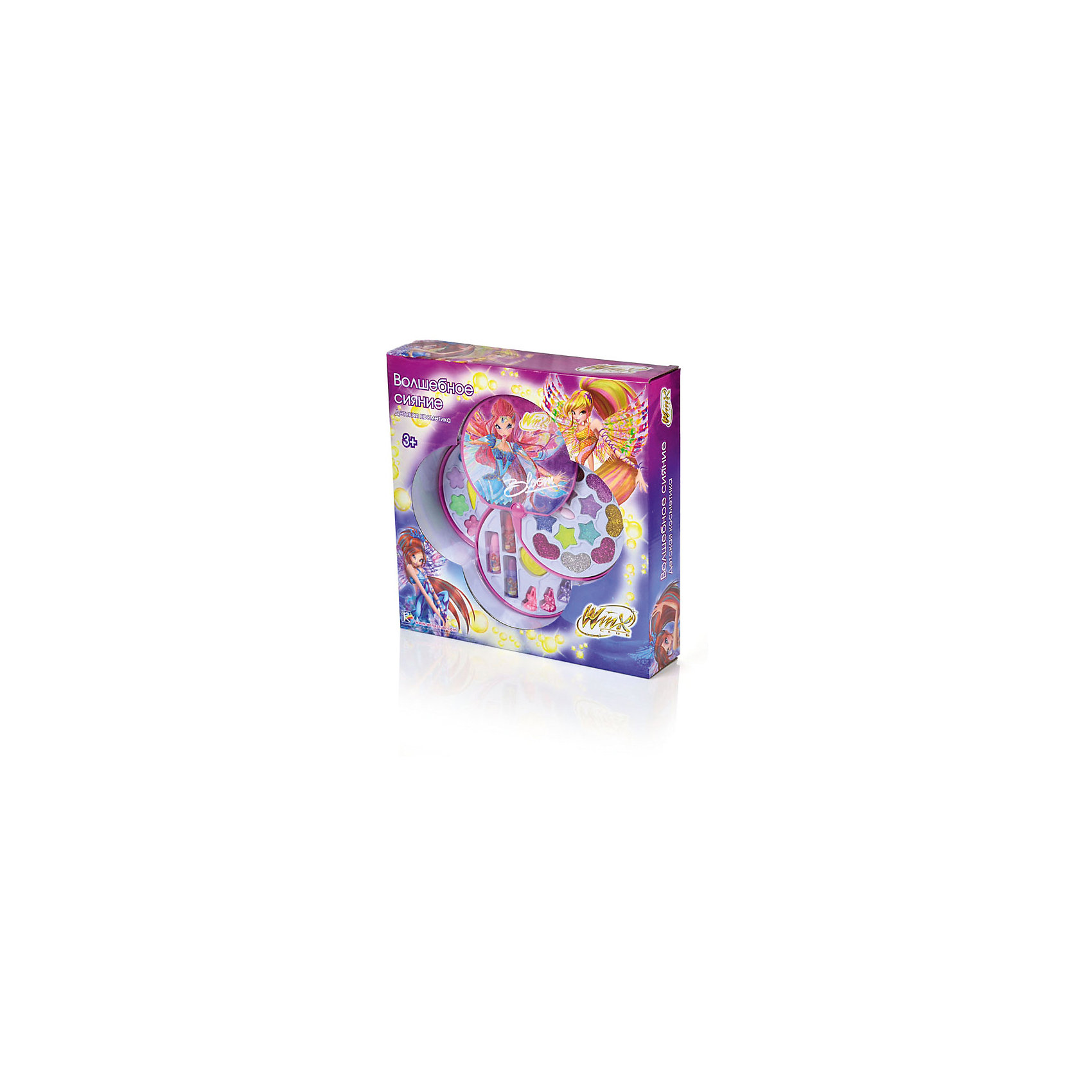 Набор детской косметики Волшебное сияние, Winx Club Набор детской косметики Волшебное сияние, Winx ClubКосметика, грим и парфюмерия<br>Набор детской косметики Волшебное сияние, Winx Club<br><br>Характеристики:<br><br>• яркие цвета<br>• удобная упаковка<br>• хорошо наносится<br>• легко смывается<br>• безопасна для детской кожи<br>• в комплекте: помада (3 шт.), тени для век, лак для ногтей, аппликаторы, заколки для волос<br>• размер упаковки: 7х29,5х29,5 см<br>• вес: 402 грамма<br><br>Для создания яркого образа девочке необходима качественная и безопасная косметика. Набор Волшебное сияние полностью безопасен для детской кожи. Косметика наносится равномерно и легко смывается смоченным ватным диском. В комплект входят тени, помада трех оттенков, лак для ногтей, заколки и аппликаторы. Девочка придумает для себя яркий модный образ и красивую прическу в стиле волшебный фей Винкс. Отличный подарок для начинающих модниц!<br><br>Набор детской косметики Волшебное сияние, Winx Club можно купить в нашем интернет-магазине.<br><br>Ширина мм: 295<br>Глубина мм: 295<br>Высота мм: 70<br>Вес г: 402<br>Возраст от месяцев: 36<br>Возраст до месяцев: 72<br>Пол: Женский<br>Возраст: Детский<br>SKU: 5379336