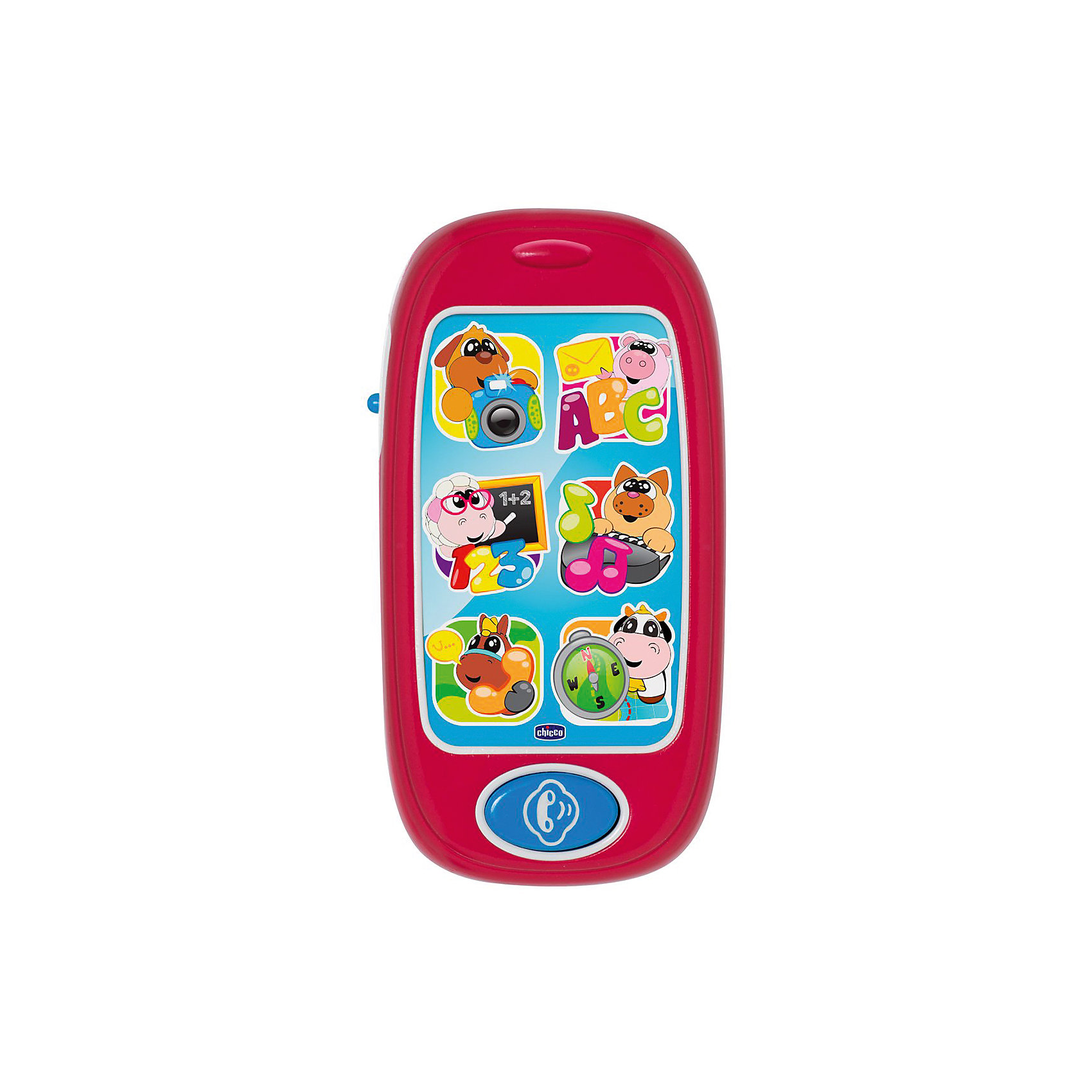 Развивающая игрушка Говорящий смартфон ABC (рус/англ), Chicco Развивающая игрушка Говорящий смартфон ABC (рус/англ), ChiccoИнтерактивные игрушки для малышей<br>Развивающая игрушка Говорящий смартфон ABC (рус/англ), Chicco<br><br>Характеристики:<br><br>- в набор входит: телефон<br>- состав: пластик<br>- функции: световые и звуковые эффекты, 24 мелодии<br>- элементы питания: на батарейках<br>- для детей в возрасте: от 6 месяцев до 3 лет <br>- Страна производитель: Китай<br><br>Новый смартфон из серии Двуязычная обучающая игрушка от известного итальянского бренда товаров для детей Chicco (Чико) придут по вкусу малышам. В этом телефоне семь больших кнопок и 24 разные мелодии на русском и английском языках. Шесть веселых животных: собачка, хрюшка, овечка, котик, лошадка и коровка помогут малышу научиться цифрам, буквам, дням недели, направлению движения, стихам, звукам животных, песням для детей и мелодиям. Кнопки с животными мигают. <br><br>Элементы питания надежно спрятаны внутри телефона и ребенок не сможет их достать, с помощью отвертки можно их заменить. Играя с телефоном малыш сможет развивать тактильное, звуковое и цветовое восприятие, сможет развивать память, логическое мышление научиться базовым фразам на двух языках.<br><br>Развивающую игрушку Говорящий смартфон ABC (рус/англ), Chicco можно купить в нашем интернет-магазине.<br><br>Ширина мм: 141<br>Глубина мм: 204<br>Высота мм: 46<br>Вес г: 180<br>Возраст от месяцев: 6<br>Возраст до месяцев: 36<br>Пол: Унисекс<br>Возраст: Детский<br>SKU: 5379345