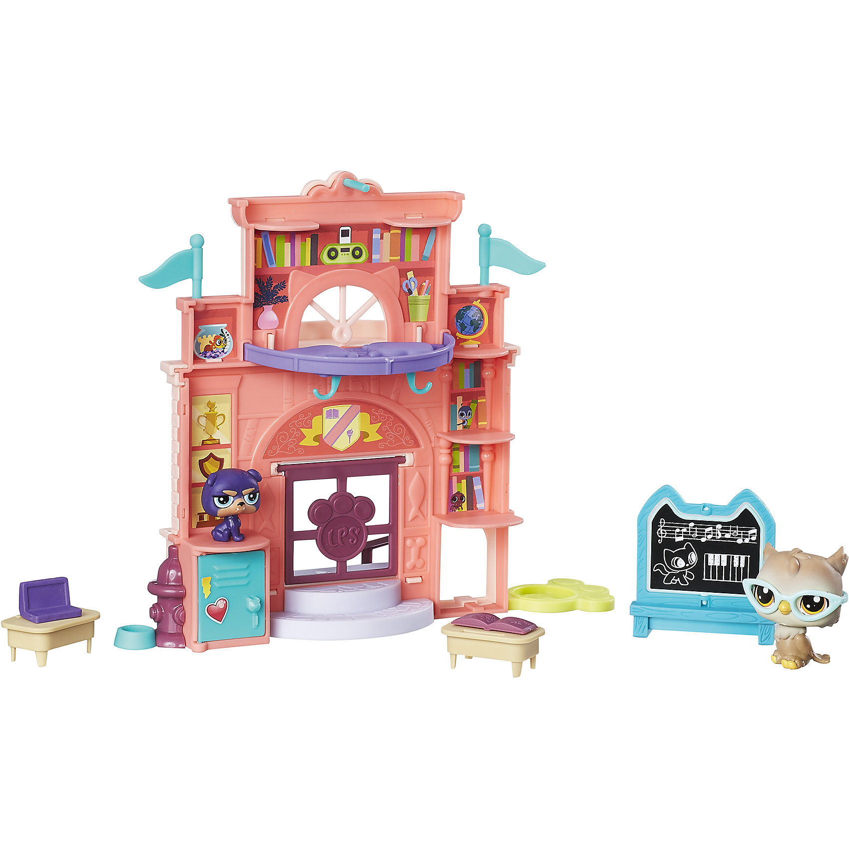 Набор Дисплей для питомцев, Littlest Pet Shop, B9344/C0041 Набор Дисплей для питомцев, Littlest Pet Shop, B9344/C0041Любимые герои<br>Набор Дисплей для питомцев, Littlest Pet Shop, B9344/C0041<br><br>Характеристики:<br><br>- в набор входит: школа-дисплей, доска, 2 столика, 2 питомца<br>- состав: пластик<br>- для детей в возрасте: от 4 до 10 лет<br>- Страна производитель: Китай<br><br>Знаменитые питомцы Littlest Pet Shop (Литтлест Пэт Шоп) от известного американского бренда товаров для детей Hasbro (Хасбро) получили новый набор со школой! Двухсторонняя школа-дисплей несмотря на свою компактность вмещает все необходимое. Красивый вход в школу украшен ступенями и оснащен двумя дополнительными входами слева и справа. Бесконечное количество полок с наклейками и рельефными оформлениями наполнено книгами, призами за успеваемость, канцтоварами, аудио аппаратурой, глобусом и даже золотой рыбкой. На четырех полках можно размещать животных, а также на выступающем балкончике. Школа оснащена и персональным ящичком для хранения вещей. <br><br>В набор входят два столика с ноутбуком и книгой. На доске отделанной под дерево изображены ноты и песенка. Уроки ведет ученая Сова (в каталоге питомцев №60), а в качестве ученика в этом наборе выступает серьезный Мопс (в каталоге № 91). Проведите замечательный день в школе Littlest Pet Shop (Литтлест Пэт Шоп). <br><br>Набор отлично подойдет как для игры дома, так и для игр в поездке. Все детали изготовлены из высококачественного пластика. Играя с этим набором ребенок сможет развивать социальные навыки, развивать воображение и творческие способности. <br><br>Набор Дисплей для питомцев, Littlest Pet Shop, B9344/C0041 можно купить в нашем интернет-магазине.<br><br>Ширина мм: 51<br>Глубина мм: 279<br>Высота мм: 203<br>Вес г: 373<br>Возраст от месяцев: 48<br>Возраст до месяцев: 120<br>Пол: Женский<br>Возраст: Детский<br>SKU: 5388368