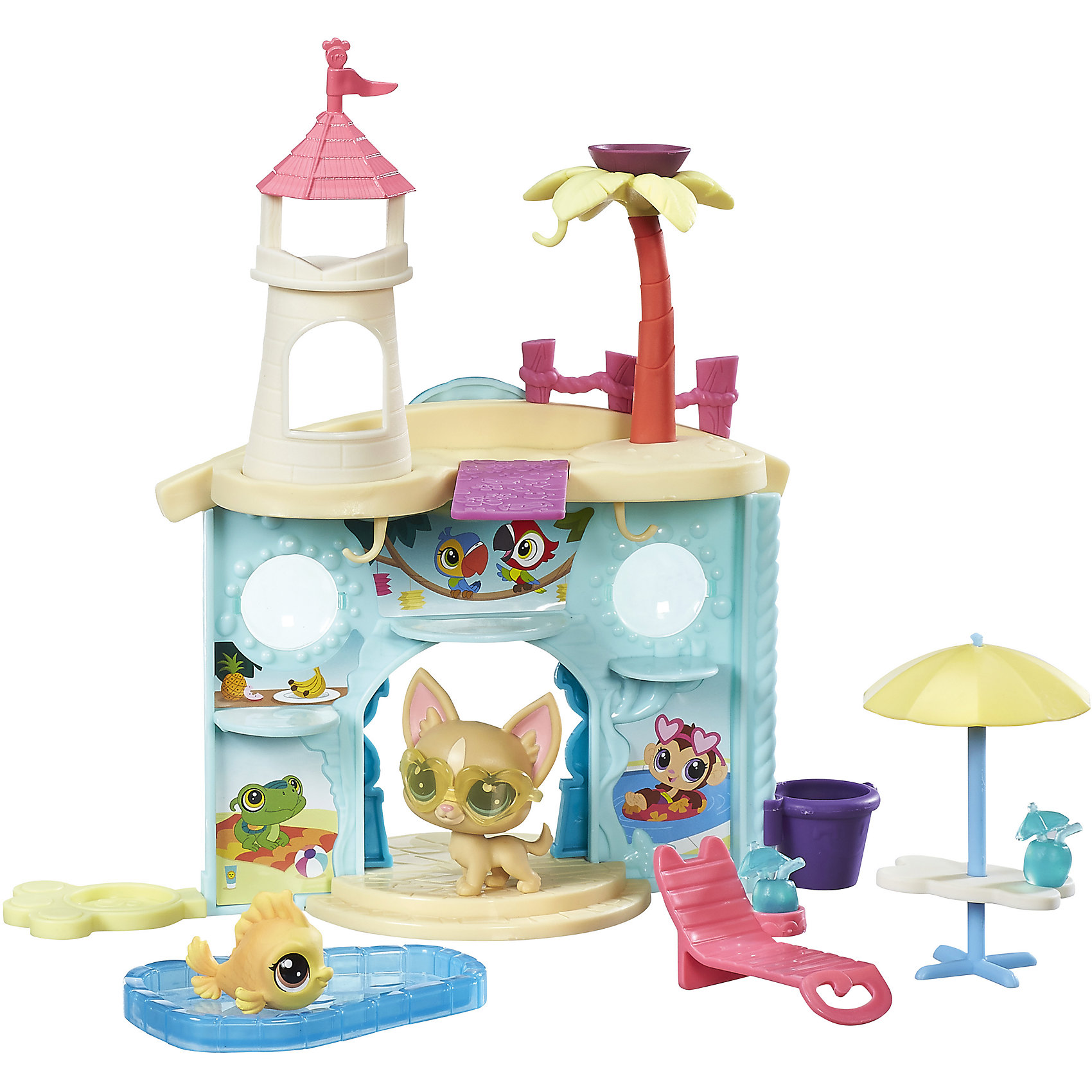 Набор Дисплей для питомцев, Littlest Pet Shop, B9344/C0042 Набор Дисплей для питомцев, Littlest Pet Shop, B9344/C0042Игрушки<br>Набор Дисплей для питомцев, Littlest Pet Shop, B9344/C0042<br><br>Характеристики:<br><br>- в набор входит: аквапарк-дисплей, шезлонг, столик с зонтиком, бассейн, 2 питомца<br>- состав: пластик<br>- для детей в возрасте: от 4 до 10 лет<br>- Страна производитель: Китай<br><br>Знаменитые питомцы Littlest Pet Shop (Литтлест Пэт Шоп) от известного американского бренда товаров для детей Hasbro (Хасбро) получили новый набор с аквапарком! Двухсторонний аквапарк несмотря на свою компактность вмещает все необходимое для отличной игры. Красивый вход украшен ступеням и рельефными декорациями стен, на крыше расположена башенка и пальма. <br><br>В самом аквапарке расположены места для питомцев, имеются изображения тропических животных и фруктов. На крыше расположена доска для прыжков в воду, в набор включен шезлонг, столик с зонтом от солнца, бассейн и коктейль. Главные отдыхающие в этом аквапарке – Чихуахуа в стильных очках (в каталоге питомцев №92) и золотая рыбка (в каталоге № 54). Проведите замечательный день в аквапарке Littlest Pet Shop (Литтлест Пэт Шоп). <br><br>Набор отлично подойдет как для игры дома, так и для игр в поездке. Все детали изготовлены из высококачественного пластика. Играя с этим набором ребенок сможет развивать социальные навыки, развивать воображение и творческие способности. <br><br>Набор Дисплей для питомцев, Littlest Pet Shop, B9344/C0042 можно купить в нашем интернет-магазине.<br><br>Ширина мм: 51<br>Глубина мм: 279<br>Высота мм: 203<br>Вес г: 373<br>Возраст от месяцев: 48<br>Возраст до месяцев: 120<br>Пол: Женский<br>Возраст: Детский<br>SKU: 5388369