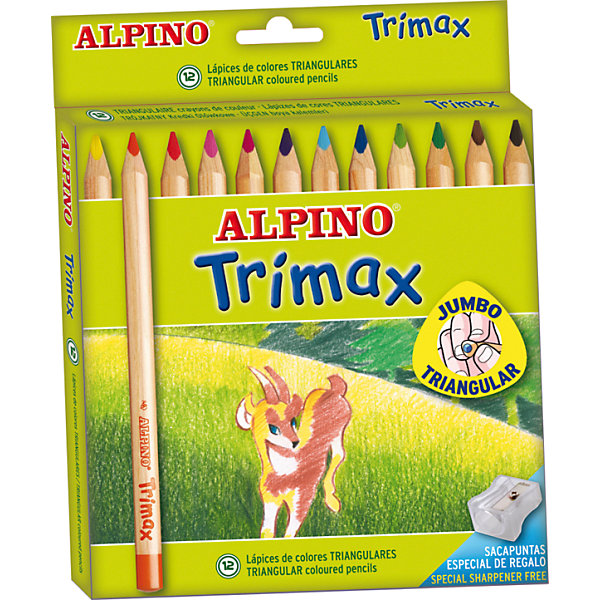 Цветные утолщенные трехгранные карандаши Trimax, 12 цв. + специальная точилка