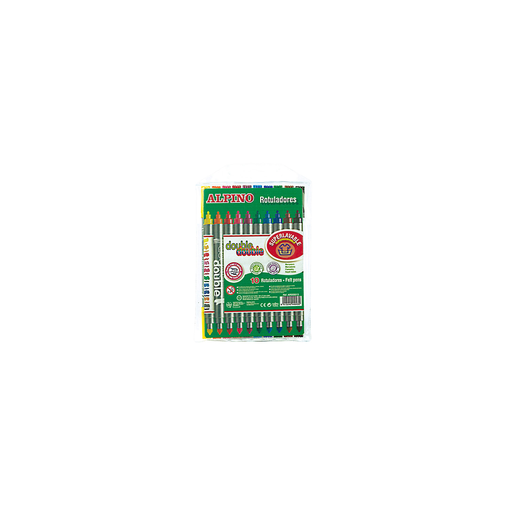 Фломастеры Double Double двухсторонние с серебристым корпусом, 10 цв. Фломастеры Double Double двухсторонние с серебристым корпусом, 10 цв.Рисование<br>Изготовлены по европейским стандартам качества и безопасности (CE, BS 7272- 1/2, ISO 11540)<br>Вентилируемый колпачок и неразделяемый на детали корпус<br>Экологически чистые чернила на водной основе и натуральных красителях (Non-Allergic) с повышенным ресурсом эксплуатации<br>Чистые, яркие и насыщенные цвета. Смываются с кожи без применения мыла, легко отстирывается с большинства обычных тканей<br>Формы стержней (тонкий и толстый двухфункциональный) очень удобны при закрашивании больших поверхностей, нанесении контуров рисунков и прорисовке мелких деталей, включая черчение с линейкой и рисование по шаблону<br>Стержни волоконно-капиллярные, устойчивые от вдавливания в корпус при высокой нагрузке<br>Материал корпуса: полипропилен (РР), материал колпачка: полиэтилен<br>Упаковка с европетлей<br>Производитель: ALPINO (Испания)<br><br>Ширина мм: 125<br>Глубина мм: 10<br>Высота мм: 200<br>Вес г: 93<br>Возраст от месяцев: 36<br>Возраст до месяцев: 120<br>Пол: Унисекс<br>Возраст: Детский<br>SKU: 5389719