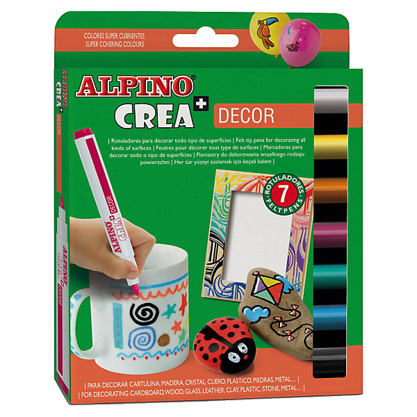 Фломастеры CREA DECOR, 7 цв. Фломастеры CREA DECOR, 7 цв.Фломастеры<br>Сертификация по европейским стандартам качества и безопасности (CE, EN 71, BS 7272- 1/2, ISO 11540), декларирование соответствия по ТР ТС для использования детьми от 6 лет<br>Высшего качества перманентные чернила обладают уникальными свойствами и идеально подходят для многих видов хобби и творчества:<br>??Произведены на водной основе с использованием природных пигментов, не содержат химических растворителей, вредных или потенциально аллергенных веществ (Non-Allergic) <br>??Безопасны для чувствительности детской кожи и могут использоваться для декорирования посуды, детских поделок, обычных и ёлочных игрушек, семейных фотоальбомов, личных дневников (скрапбуков), записных книжек, обложек для книг и тетрадей, школьно-пишущих принадлежностей, аксессуаров повседневной, праздничной и карнавальной одежды, спортивного инвентаря, предметов интерьера и всевозможных объектов окружающего мира<br>??Исключительно хорошая адгезия, позволяющая одинаково успешно использовать фломастеры практически на любой поверхности (бумага, картон, дерево, кожа, глина, камень, пластик, стекло, керамика, металл и другие твёрдые поверхности) <br>??Чистые, яркие, насыщенные цвета, превосходная светостойкость<br>??Время полного высыхания после нанесения 1-4 часа в зависимости от поверхности, температуры и влажности<br>??Высохшие чернила имеют абсолютную водоустойчивость и легко выдерживают стирку при температуре до 60°C<br>??Перед нанесением грунтование или иная специальная подготовка поверхности не требуется<br>??Смываются с кожи с применением мыла<br>Параметры фломастеров: круглая форма сечения, толщина корпуса 12 мм<br>Форма стержня обеспечивает одинаковую функциональность при любом наклоне к пишущей поверхности и очень удобна как при нанесении контуров рисунков, в том числе, с использованием линеек и шаблонов, так и при их раскрашивании<br>Стержень волоконно-капиллярный, устойчивый от вдавливания в корпус при высокой нагрузке<br>Вентилируемый колпачок, неразделяемый на детали корпус, материал корпуса: полипропилен (РР), материал колпачка: полиэтилен<br>Упаковка с европетлей<br>Производитель: ALPINO (Испания)<br><br>Ширина мм: 160<br>Глубина мм: 15<br>Высота мм: 215<br>Вес г: 112<br>Возраст от месяцев: 36<br>Возраст до месяцев: 120<br>Пол: Унисекс<br>Возраст: Детский<br>SKU: 5389724