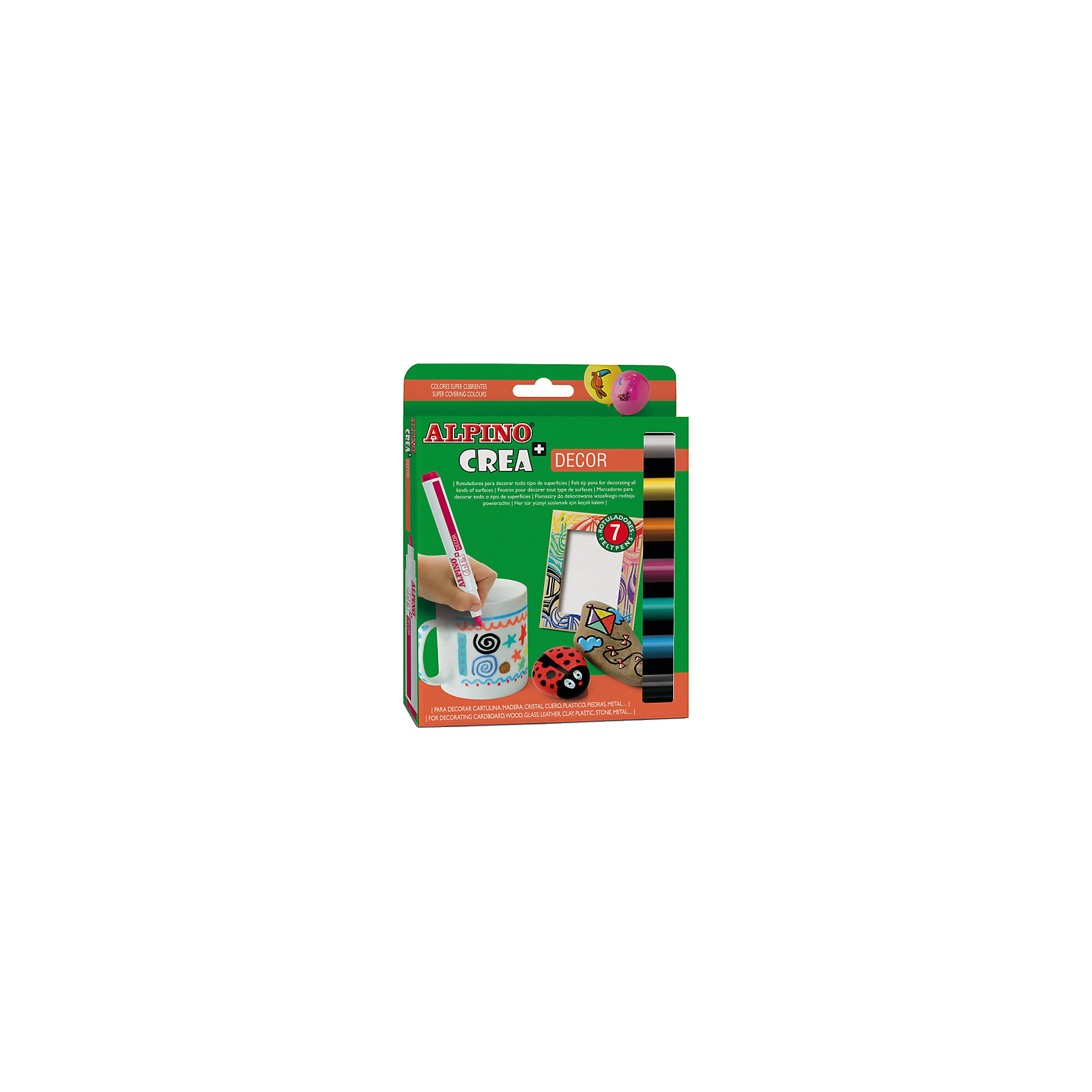 Фломастеры CREA DECOR, 7 цв. Фломастеры CREA DECOR, 7 цв.Письменные принадлежности<br>Сертификация по европейским стандартам качества и безопасности (CE, EN 71, BS 7272- 1/2, ISO 11540), декларирование соответствия по ТР ТС для использования детьми от 6 лет<br>Высшего качества перманентные чернила обладают уникальными свойствами и идеально подходят для многих видов хобби и творчества:<br>??Произведены на водной основе с использованием природных пигментов, не содержат химических растворителей, вредных или потенциально аллергенных веществ (Non-Allergic) <br>??Безопасны для чувствительности детской кожи и могут использоваться для декорирования посуды, детских поделок, обычных и ёлочных игрушек, семейных фотоальбомов, личных дневников (скрапбуков), записных книжек, обложек для книг и тетрадей, школьно-пишущих принадлежностей, аксессуаров повседневной, праздничной и карнавальной одежды, спортивного инвентаря, предметов интерьера и всевозможных объектов окружающего мира<br>??Исключительно хорошая адгезия, позволяющая одинаково успешно использовать фломастеры практически на любой поверхности (бумага, картон, дерево, кожа, глина, камень, пластик, стекло, керамика, металл и другие твёрдые поверхности) <br>??Чистые, яркие, насыщенные цвета, превосходная светостойкость<br>??Время полного высыхания после нанесения 1-4 часа в зависимости от поверхности, температуры и влажности<br>??Высохшие чернила имеют абсолютную водоустойчивость и легко выдерживают стирку при температуре до 60°C<br>??Перед нанесением грунтование или иная специальная подготовка поверхности не требуется<br>??Смываются с кожи с применением мыла<br>Параметры фломастеров: круглая форма сечения, толщина корпуса 12 мм<br>Форма стержня обеспечивает одинаковую функциональность при любом наклоне к пишущей поверхности и очень удобна как при нанесении контуров рисунков, в том числе, с использованием линеек и шаблонов, так и при их раскрашивании<br>Стержень волоконно-капиллярный, устойчивый от вдавливания в корпус при высокой нагрузке<br>Вентилируемый колпачок, неразделяемый на детали корпус, материал корпуса: полипропилен (РР), материал колпачка: полиэтилен<br>Упаковка с европетлей<br>Производитель: ALPINO (Испания)<br><br>Ширина мм: 160<br>Глубина мм: 15<br>Высота мм: 215<br>Вес г: 112<br>Возраст от месяцев: 36<br>Возраст до месяцев: 120<br>Пол: Унисекс<br>Возраст: Детский<br>SKU: 5389724