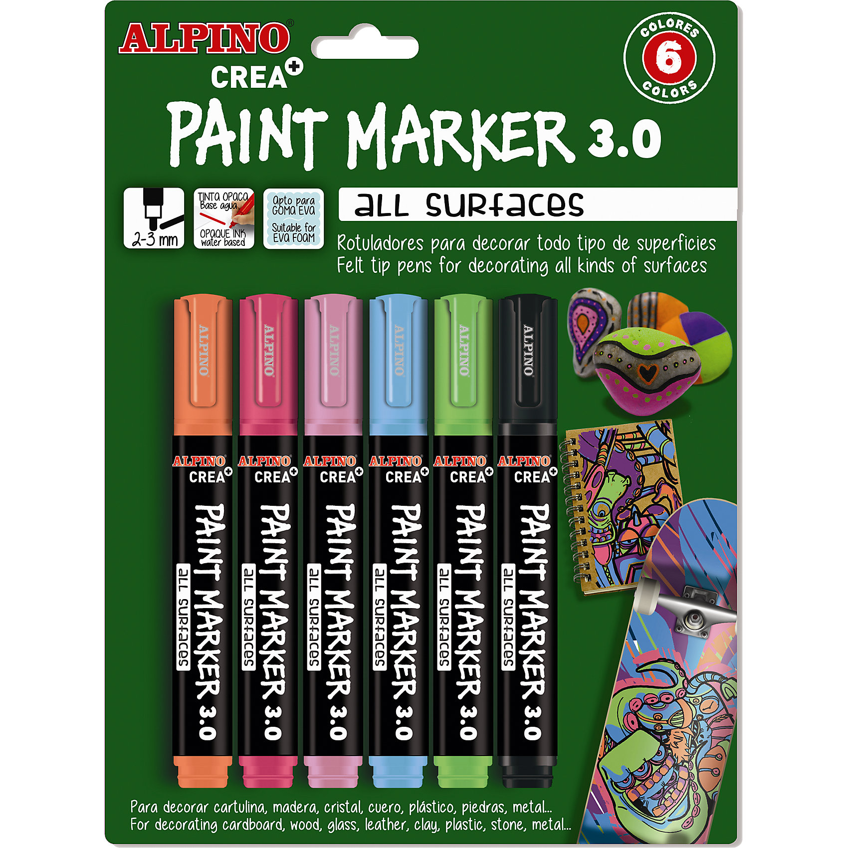 Фломастеры PAINT MARKER, 6 цветов Фломастеры PAINT MARKER, 6 цветовПисьменные принадлежности<br>Экологичная продукция европейского производства, изготовленная<br>Сертификация по европейским стандартам качества и безопасности (CE, EN 71, BS 7272- 1/2, ISO 11540), декларирование соответствия по ТР ТС для использования детьми от 6 лет<br>Высшего качества перманентные чернила обладают уникальными свойствами и идеально подходят для многих видов хобби и творчества: ?? Произведены на водной основе с использованием природных пигментов, не содержат химических растворителей, вредных или потенциально аллергенных веществ (Non-Allergic) <br>?? Безопасны для чувствительности детской кожи <br>?? Исключительно хорошая адгезия, позволяющая одинаково успешно использовать фломастеры практически на любой поверхности (бумага, картон, дерево, глина, камень, пластик, стекло, керамика другие твёрдые поверхности)<br> ?? Чистые, яркие, насыщенные металлизированные цвета, которые особенно сказочно преображают поверхности тёмного цвета, превосходная светостойкость <br>?? Высохшие чернила имеют абсолютную водоустойчивость и легко выдерживают стирку при температуре до 60°C<br>?? Перед нанесением грунтование или иная специальная подготовка поверхности не требуется <br>?? Смываются с кожи с применением мыла <br>Параметры фломастеров: овальная форма сечения, толщина линии 2 -3 мм<br>Форма стержня обеспечивает одинаковую функциональность при любом наклоне к пишущей поверхности. Стержень волоконно-капиллярный, устойчивый от вдавливания в корпус при высокой нагрузке<br>Для использования фломастера PAINT MARKER встряхните его и нажмите несколько раз на стержень, фломастер готов к использованию<br>Материал корпуса: полипропилен (РР), материал колпачка: полиэтилен<br>Производитель: ALPINO (Испания)<br><br>Ширина мм: 180<br>Глубина мм: 23<br>Высота мм: 238<br>Вес г: 162<br>Возраст от месяцев: 36<br>Возраст до месяцев: 120<br>Пол: Унисекс<br>Возраст: Детский<br>SKU: 5389728