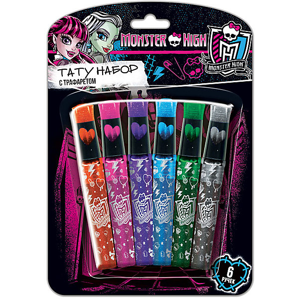 Тату-набор с трафаретом, Monster High Тату-набор с трафаретом, Monster HighMonster High<br>Тату-набор с трафаретом, Monster High(Монстер Хай).<br><br>Характеристики:<br><br>- Комплектация: набор шариковых гелевых ручек.<br>- 6 цветов.<br><br>Набор гелевых ручек для ТАТУ Monster High (Монстер Хай) с трафаретом – это отличный подарок для любительниц популярного мультсериала Monster High(Монстер Хай). С таким набором ваша девочка откроет свой тату – салон. Яркие цвета и трафарет помогут вашей девочке стать настоящим мастером. Порадуйте вашу малышку, подарив ей такой набор.<br><br>Тату-набор с трафаретом, Monster High(Монстер Хай), можно купить в интернет – магазине.<br><br>Ширина мм: 200<br>Глубина мм: 20<br>Высота мм: 145<br>Вес г: 86<br>Возраст от месяцев: 48<br>Возраст до месяцев: 144<br>Пол: Женский<br>Возраст: Детский<br>SKU: 5390286