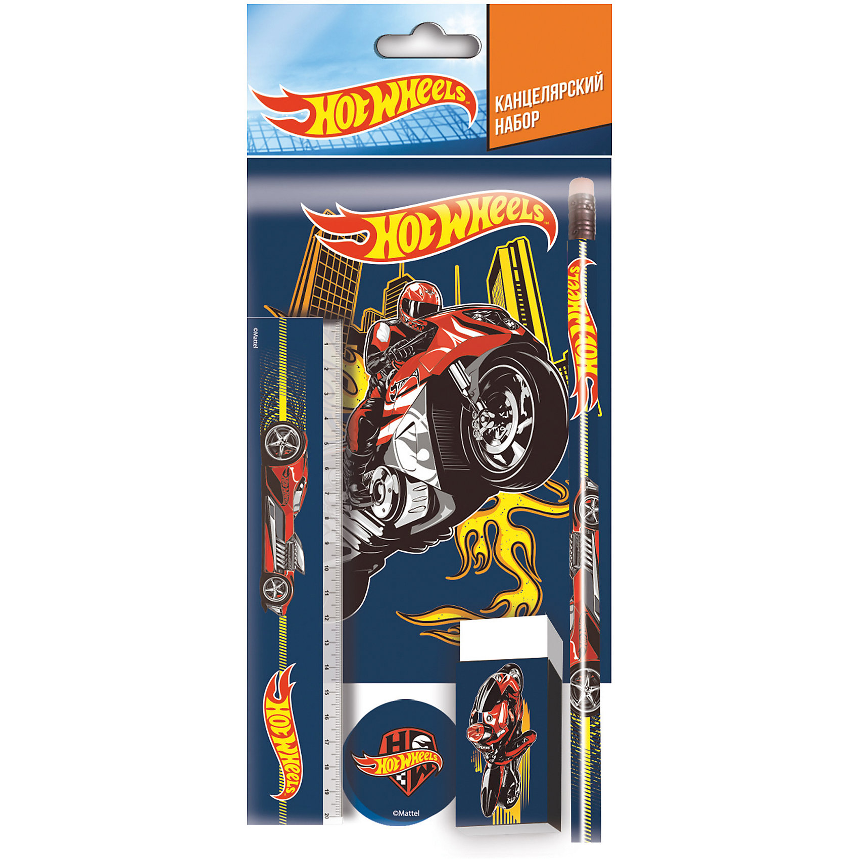 Канцелярский набор Hot Wheels 5 предметов Канцелярский набор Hot Wheels 5 предметовШкольные аксессуары<br>Канцелярский набор Hot Wheels 5 предметов, Limpopo (Лимпопо)<br><br>Характеристики:<br><br>• яркий дизайн Hot Wheels<br>• в комплекте: карандаш, линейка, точилка, блокнот<br>• материал: пластик, бумага<br>• размер упаковки: 20х1,6х24,5 см<br>• вес: 71 грамм<br><br>Чтобы заниматься было очень интересно, необходимы красивые принадлежности. В набор Hot Wheels входят: линейка, карандаш, точилка и блокнот. Все они украшены яркими рисунками, знакомыми поклонникам Hot Wheels. С этим набором мальчик с радостью будет учиться и заниматься!<br><br>Канцелярский набор Hot Wheels 5 предметов, Limpopo (Лимпопо) можно купить в нашем интернет-магазине.<br><br>Ширина мм: 245<br>Глубина мм: 16<br>Высота мм: 200<br>Вес г: 71<br>Возраст от месяцев: 48<br>Возраст до месяцев: 144<br>Пол: Мужской<br>Возраст: Детский<br>SKU: 5390311