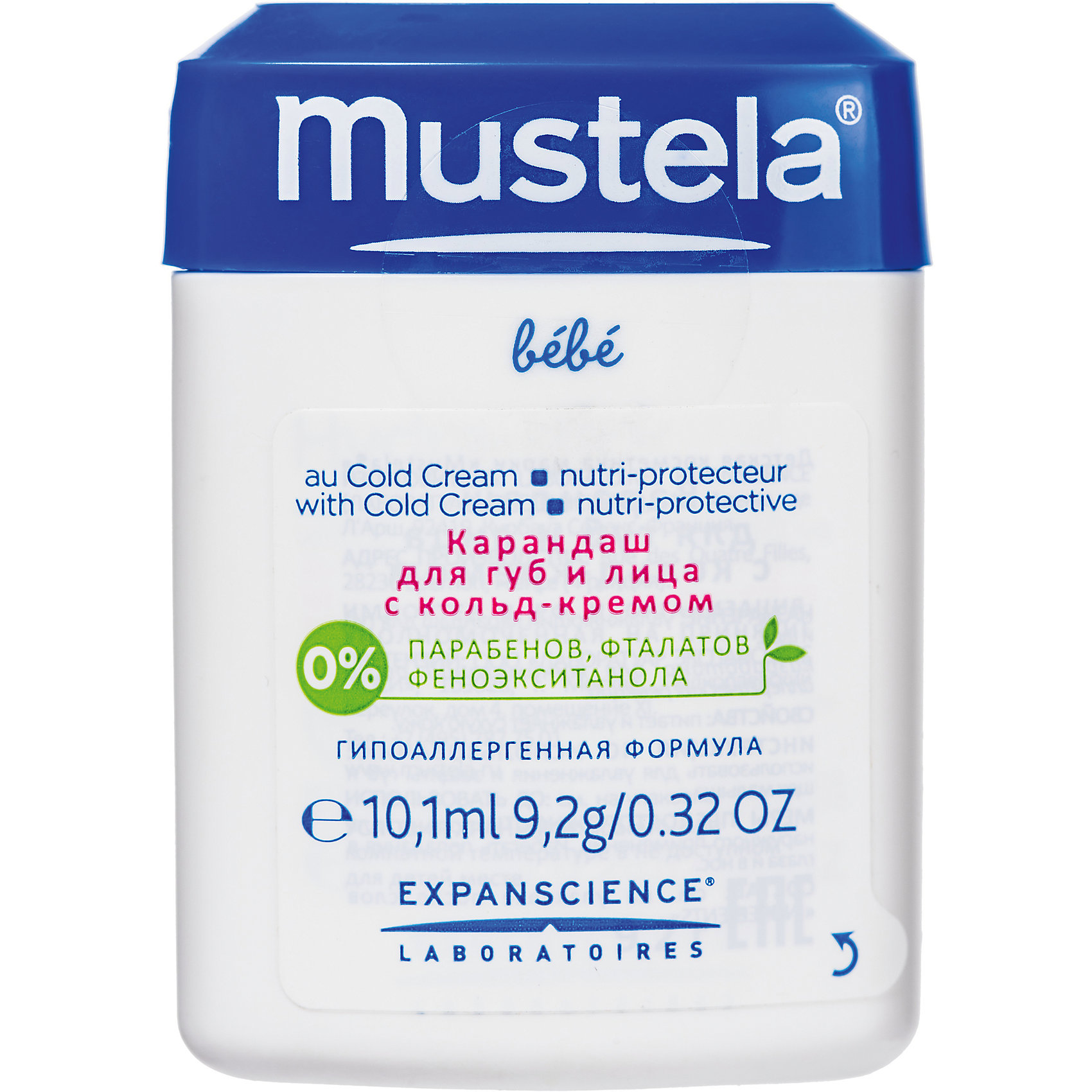 Карандаш для губ и щечек с кольд- кремом 11мл, Mustela Карандаш для губ и щечек с кольд- кремом 11мл, MustelaКосметика для младнецев<br>Карандаш для губ и щечек с кольд- кремом 11мл, Mustela, (Мустела).<br><br>Характеристики:<br><br>- Средство: карандаш-стик .<br>- Объём: 11мг.<br>- Состав: HELIANTHUS . ANNUUS (SUNFLOWER) . SEED . OIL, . HYDROGENATED . COCONUT . OIL, . OLUS . OIL/. VEGETABLE . OIL/. HUILE . VEGETALE, . POLYGLYCERYL-3 . BEESWAX. CAPRYLIC/. CAPRIC . TRIGLYCERIDE . CERA . ALBA/. BEESWAX/. CIRE . D. ABEILLE, . C10-18 . TRIGLYCERIDES, . COPERNICIA . CERIFERA (CARNAUBA) . WAX/. CIRE . DE . CARNAUBA . BUTYROSPERMUM . PARKII (SHEA) . BUTTER, . STEARALKONIUM . HECTORITE, . AQUA/. WATER/. EAU . TOCOPHERYL . ACETATE, . PARFUM (FRAGRANCE), . PROPYLENE . CARBONATE, . BISABOLOL, . PERSEA . GRATISSIMA (AVOCADO) . FRUIT . EXTRACT. CERAMIDE . NP. PHYTOSPHINGOSINE . CITRIC . ACID.<br><br>Карандаш для губ и лица с кольд-кремом обеспечивает защиту нежной детской кожи с рождения от суровых погодных условий (холод, ветер). Подходит для сухой кожи. Благодаря действию касторового масла, обеспечивается длительное увлажнение верхних слоев эпидермиса. Достаем стик, путем нажатия на кнопку, которая должна выдвинуться. Наносить на участки кожи, которые не закрыты: губы, щеки, нос, подбородок и так далее. Повторно наносится по мере необходимости.<br><br>Карандаш для губ и щечек с кольд- кремом 11мл, Mustela, (Мустела), можно купить в нашем интернет – магазине.<br><br>Ширина мм: 20<br>Глубина мм: 45<br>Высота мм: 60<br>Вес г: 20<br>Возраст от месяцев: 0<br>Возраст до месяцев: 36<br>Пол: Унисекс<br>Возраст: Детский<br>SKU: 5392920