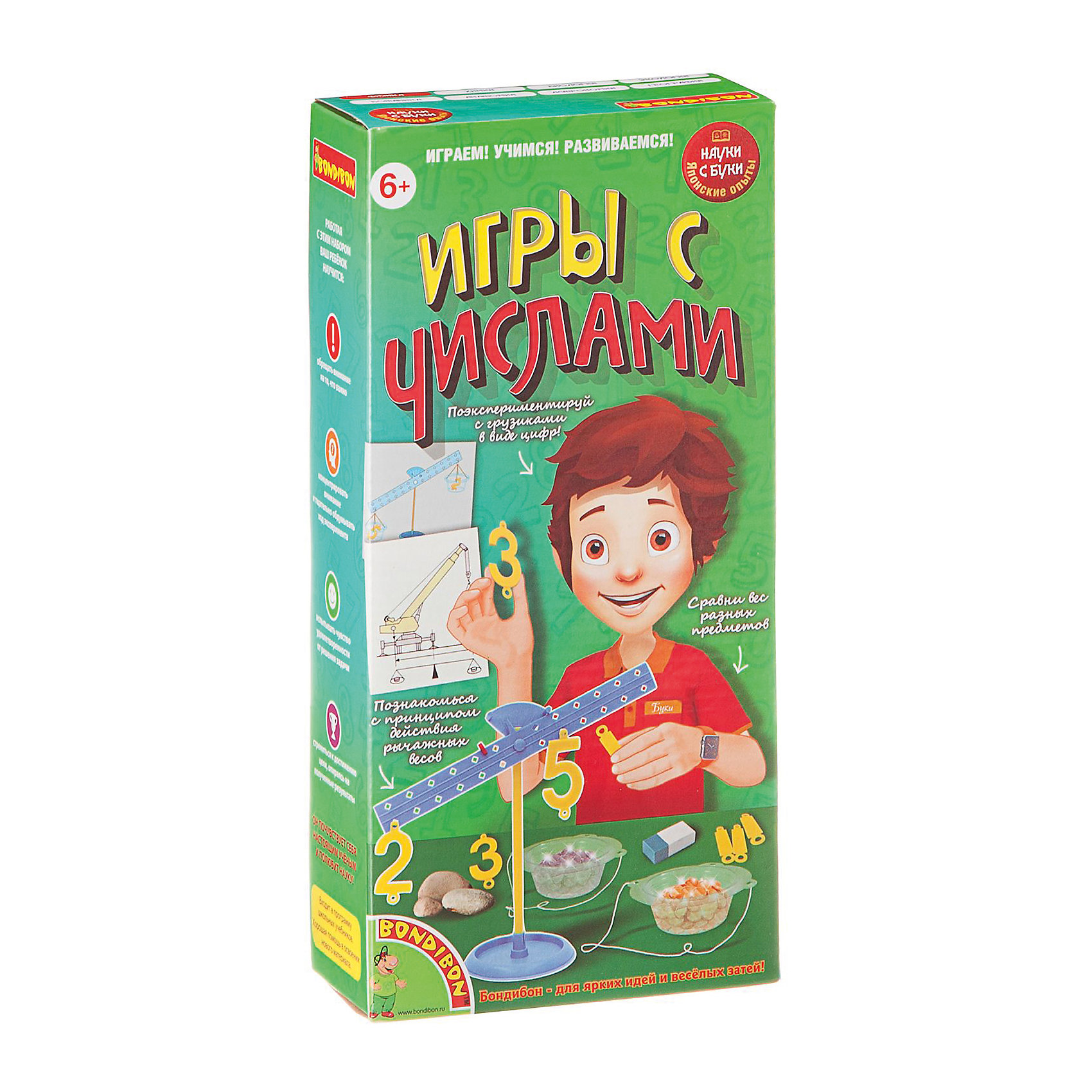 Игры с числами, Японские опыты Науки с Буки, Bondibon Игры с числами, Японские опыты Науки с Буки, BondibonЭксперименты и опыты<br>Набор «Игры с числами» расскажет и покажет, что же такое вес предметов, и сколько весят привычные вещи. Как использовать рычажные весы, и что это за прибор, влияет ли форма предмета на его вес, как уравновесить весы неравными грузами – эти и многие другие эксперименты можно произвести с помощью данного набора! В состав набора входят подставка, указатель, чаша весов, гирьки в виде цифр, стойка, коромысло весов, подпятник (ось вращения коромысла), нить, металлический крючок, корректирующий груз, иллюстрированная инструкция.<br><br>Ширина мм: 210<br>Глубина мм: 50<br>Высота мм: 128<br>Вес г: 222<br>Возраст от месяцев: 72<br>Возраст до месяцев: 192<br>Пол: Унисекс<br>Возраст: Детский<br>SKU: 5398962
