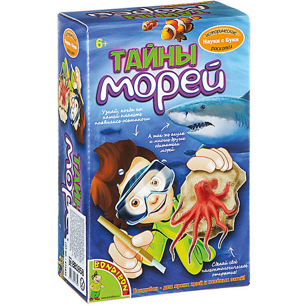 Тайны морей, Французские опыты Науки с Буки, Bondibon Тайны морей, Французские опыты Науки с Буки, BondibonХимия и физика<br>С помощью этого обучающего набора юный учёный-палеонтолог сможет самостоятельно сделать свои первые находки. В этом ему помогут настоящие инструменты палеонтолога! Набор наглядно продемонстрирует, как именно проводятся палеонтологические исследования, и ребенок сможет извлечь фигурки осьминога, акулы, черепахи и пингвина. Красочная инструкция расскажет много новых и интересных фактах об этих животных! В состав набора входят молоток, зубило, кисточка, губка, блок для раскопок и красочная инструкция.<br><br>Ширина мм: 210<br>Глубина мм: 80<br>Высота мм: 120<br>Вес г: 667<br>Возраст от месяцев: 72<br>Возраст до месяцев: 192<br>Пол: Унисекс<br>Возраст: Детский<br>SKU: 5398972