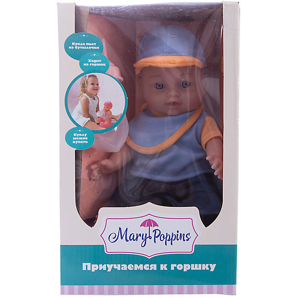 Пупс Пью и писаю, Mary Poppins Пупс Пью и писаю, Mary PoppinsКуклы<br>Пупс Пью и писаю, Mary Poppins.<br><br>Характеристики:<br><br>• Комплектация: кукла, горшок, бутылочка, ложка, вилка, тарелка<br>• Высота куклы: 30 см.<br>• Материал: ПВХ, пластмасса, текстиль<br>• Упаковка: картонная коробка открытого типа<br><br>Пупс мальчик торговой марки Mary Poppins с функцией Пью и писаю отлично подойдет для сюжетно-ролевых игр в «дочки-матери». В комплекте с куклой поставляется горшок и бутылочка. Можно напоить пупса из бутылочки водой и посадить на горшок. Пупс одет в симпатичный наряд, состоящий из штанишек, кофточки и кепки, который можно легко снять при необходимости. Кукла имеет реалистичный внешний вид. Куклу можно купать в ванной (тельце у куклы твердое), кормить и укладывать спать. Ручки и ножки пупса подвижны, глазки не закрываются. Пупс поможет Вам приучить вашего малыша к горшку.<br><br>Пупса Пью и писаю, Mary Poppins можно купить в нашем интернет-магазине.<br><br>Ширина мм: 175<br>Глубина мм: 130<br>Высота мм: 290<br>Вес г: 528<br>Возраст от месяцев: 24<br>Возраст до месяцев: 2147483647<br>Пол: Женский<br>Возраст: Детский<br>SKU: 5402777