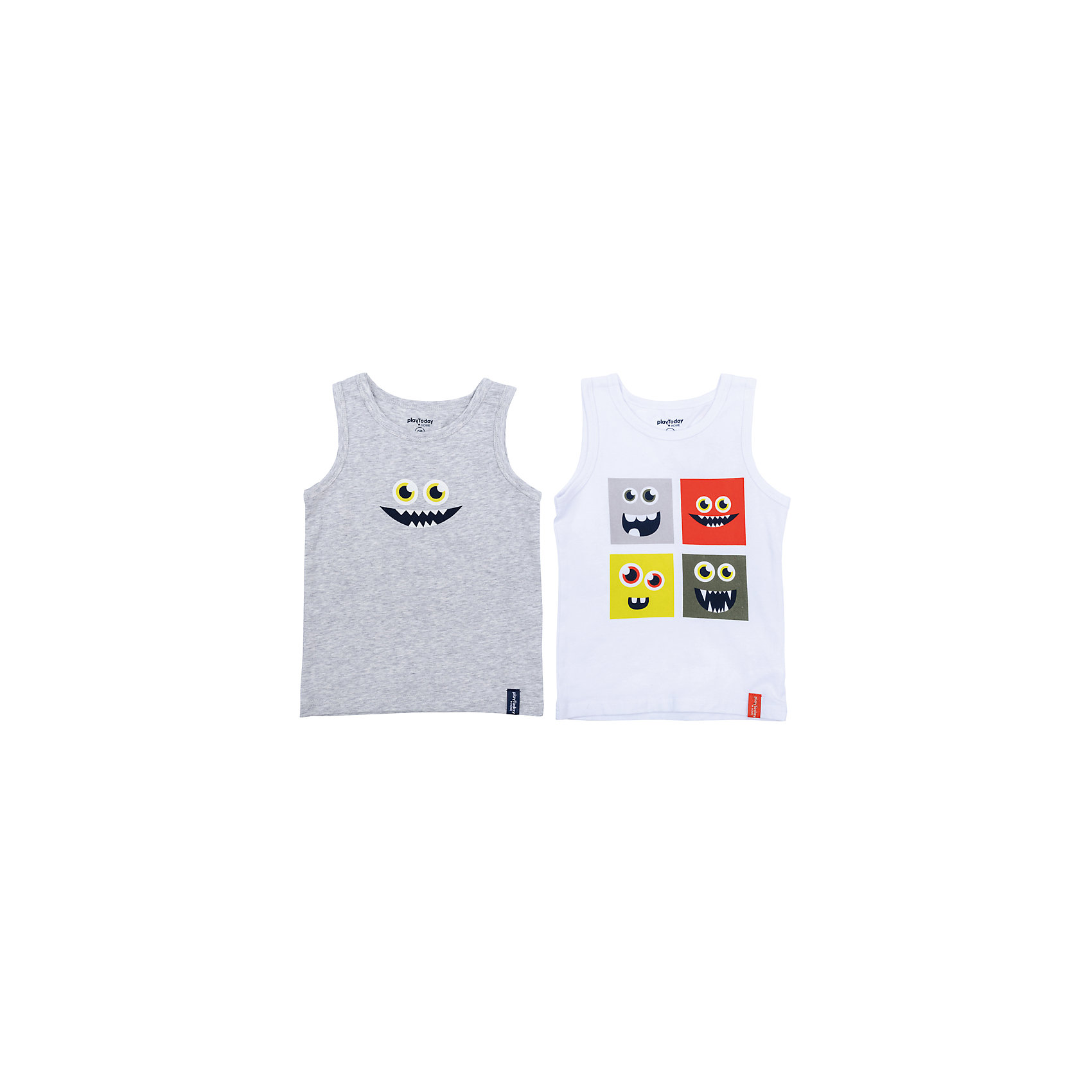 Майка для мальчика, 2 шт. PlayToday Майка для мальчика, 2 шт. PlayTodayНижнее бельё<br>Майка для мальчика PlayToday<br>Майки выполнены из натурального материала, который не раздражает нежную детскую кожу. Добавление в хлопок эластана позволяет изделию хорошо сесть по фигуре. Аккуратные швы не вызывают неприятных ощущенийПреимущества: Натуральный материал не раздражает нежную детскую кожу, хорошо вентилируетсяАккуратные швы не вызывают неприятных ощущенийДаже частые стирки, при условии соблюдений рекомендаций по уходу, не изменят ни форму, ни цвет изделия<br>Состав:<br>95% хлопок, 5% эластан<br><br>Ширина мм: 199<br>Глубина мм: 10<br>Высота мм: 161<br>Вес г: 151<br>Цвет: серый<br>Возраст от месяцев: 84<br>Возраст до месяцев: 96<br>Пол: Мужской<br>Возраст: Детский<br>Размер: 128,98,104,110,116,122<br>SKU: 5404791